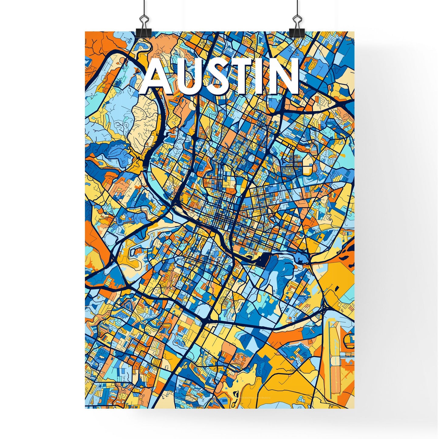 AUSTIN TEXAS Vibrant Colorful Art Map Poster Blue Orange