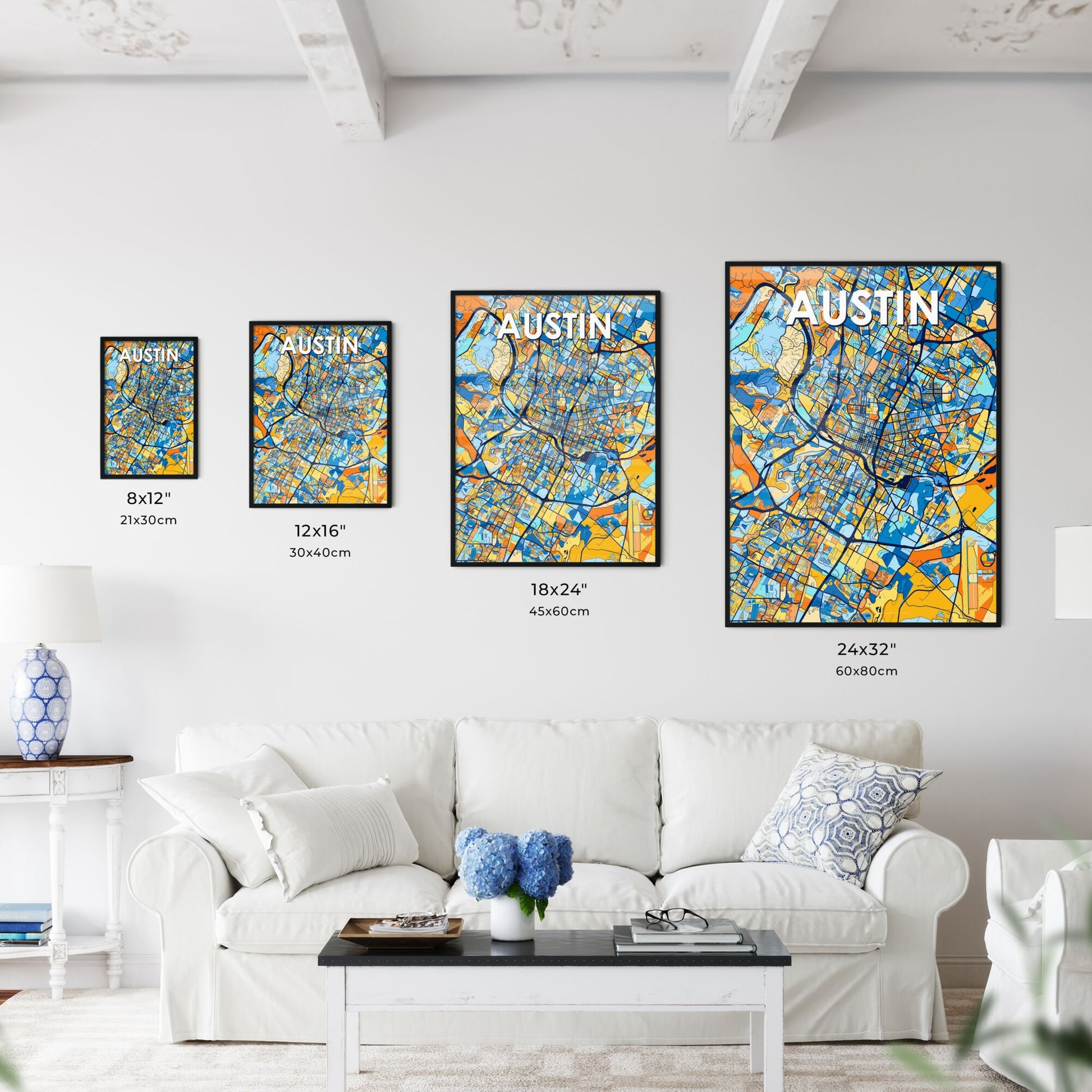 AUSTIN TEXAS Vibrant Colorful Art Map Poster Blue Orange