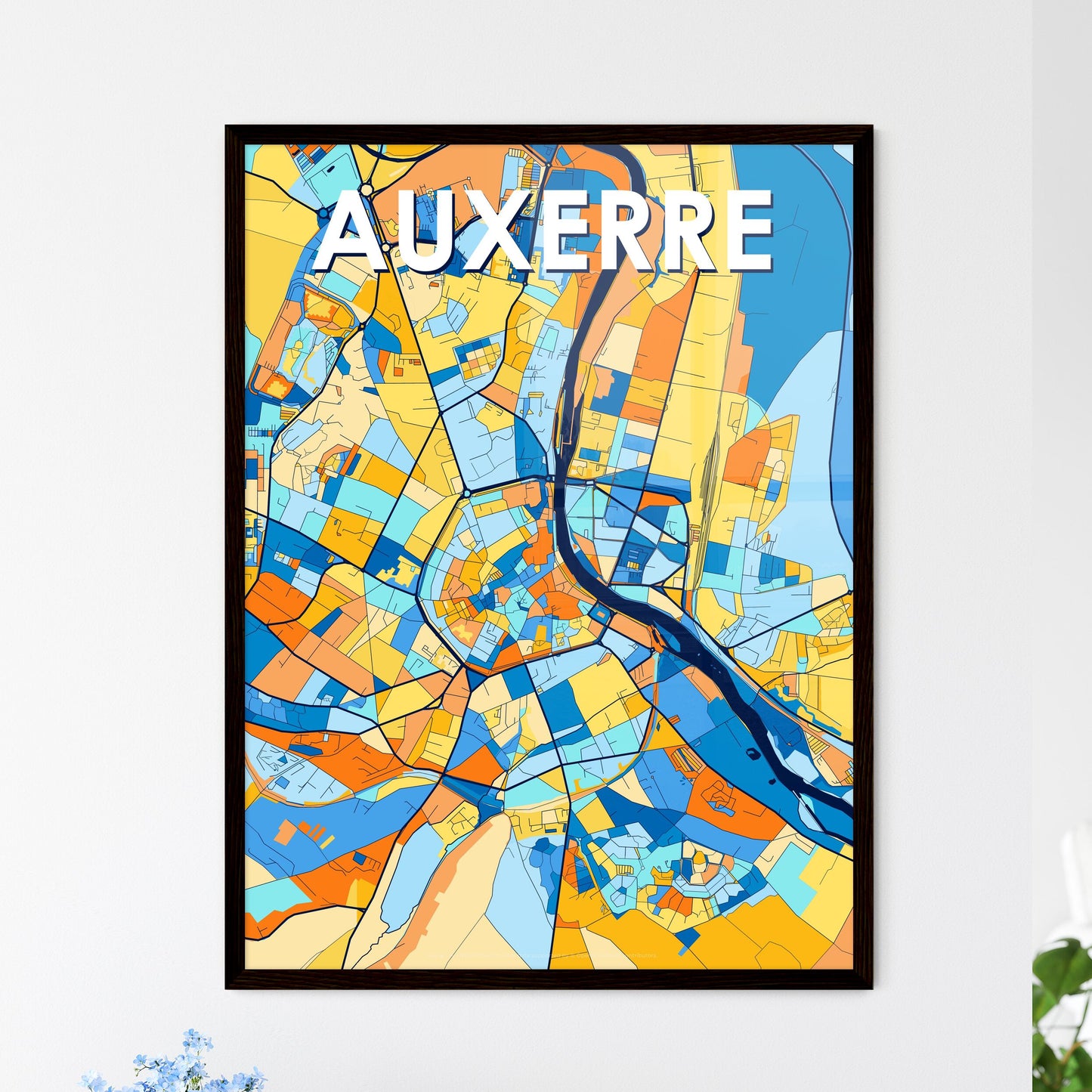 AUXERRE FRANCE Vibrant Colorful Art Map Poster Blue Orange