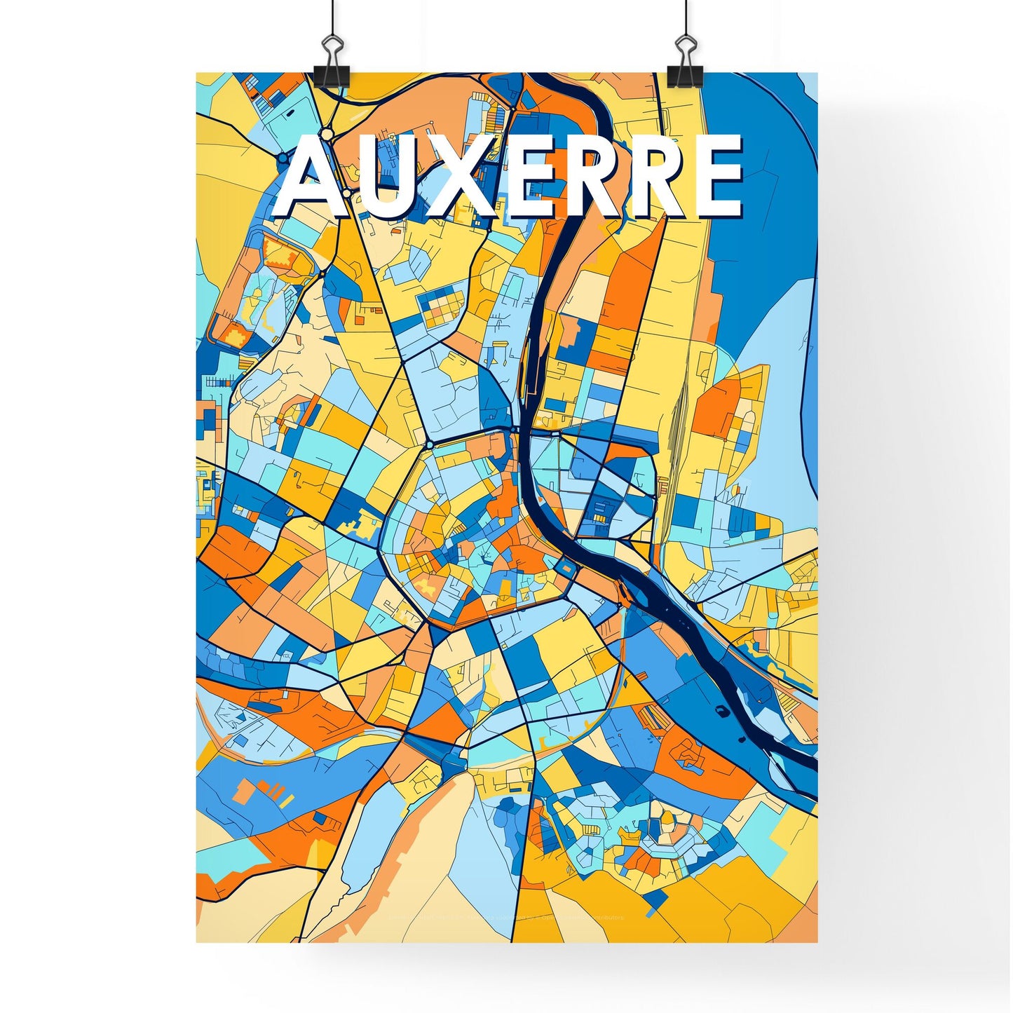 AUXERRE FRANCE Vibrant Colorful Art Map Poster Blue Orange