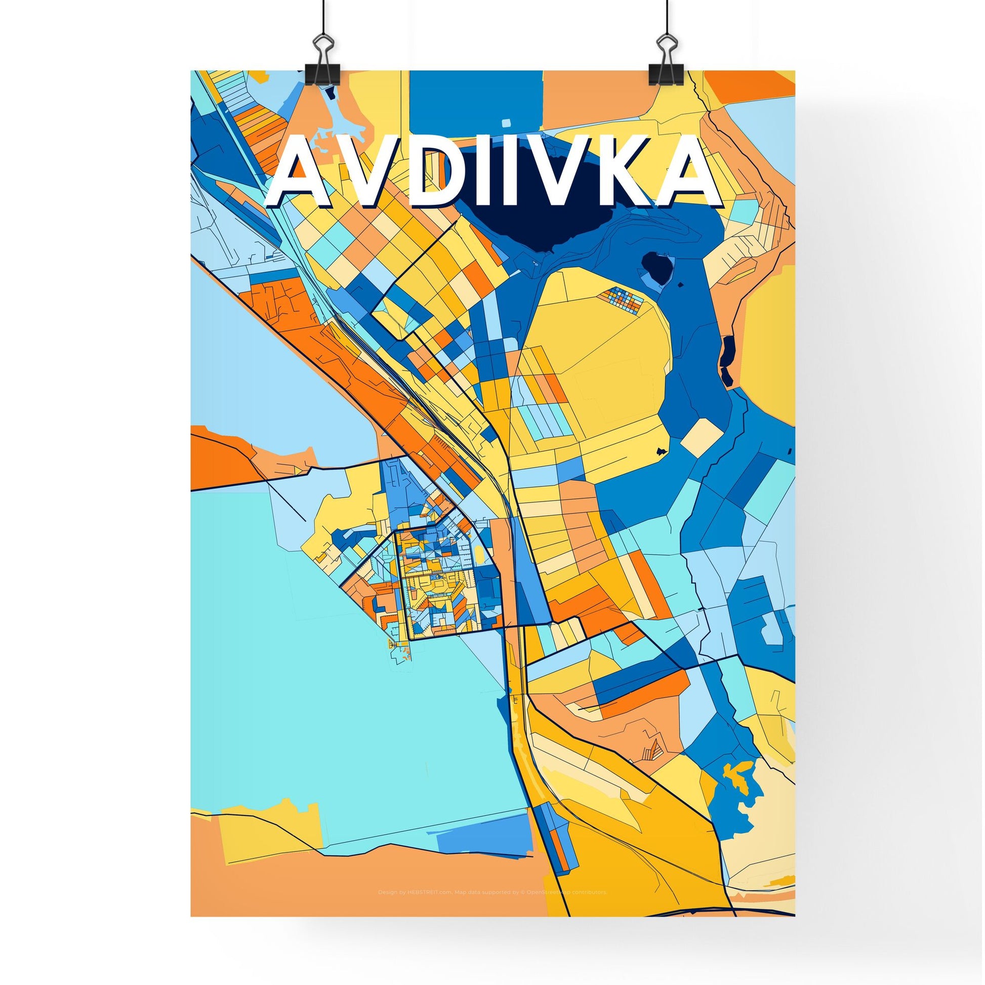 AVDIIVKA UKRAINE Vibrant Colorful Art Map Poster Blue Orange