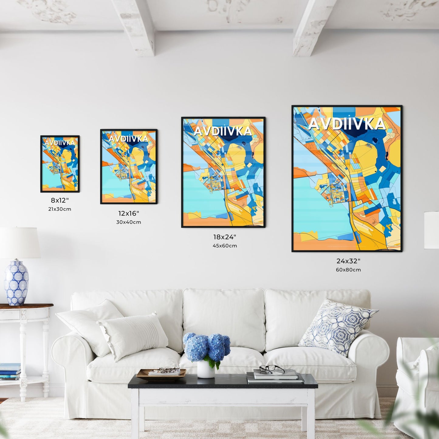 AVDIIVKA UKRAINE Vibrant Colorful Art Map Poster Blue Orange