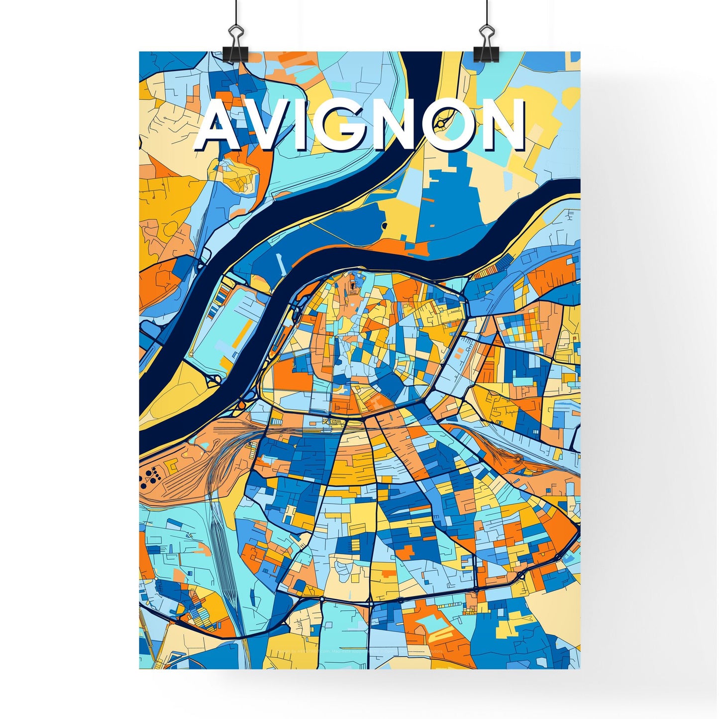 AVIGNON FRANCE Vibrant Colorful Art Map Poster Blue Orange
