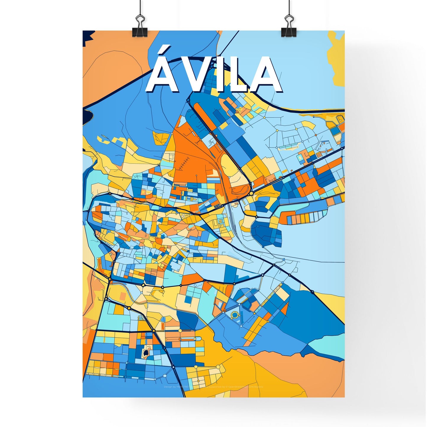 ÁVILA SPAIN Vibrant Colorful Art Map Poster Blue Orange