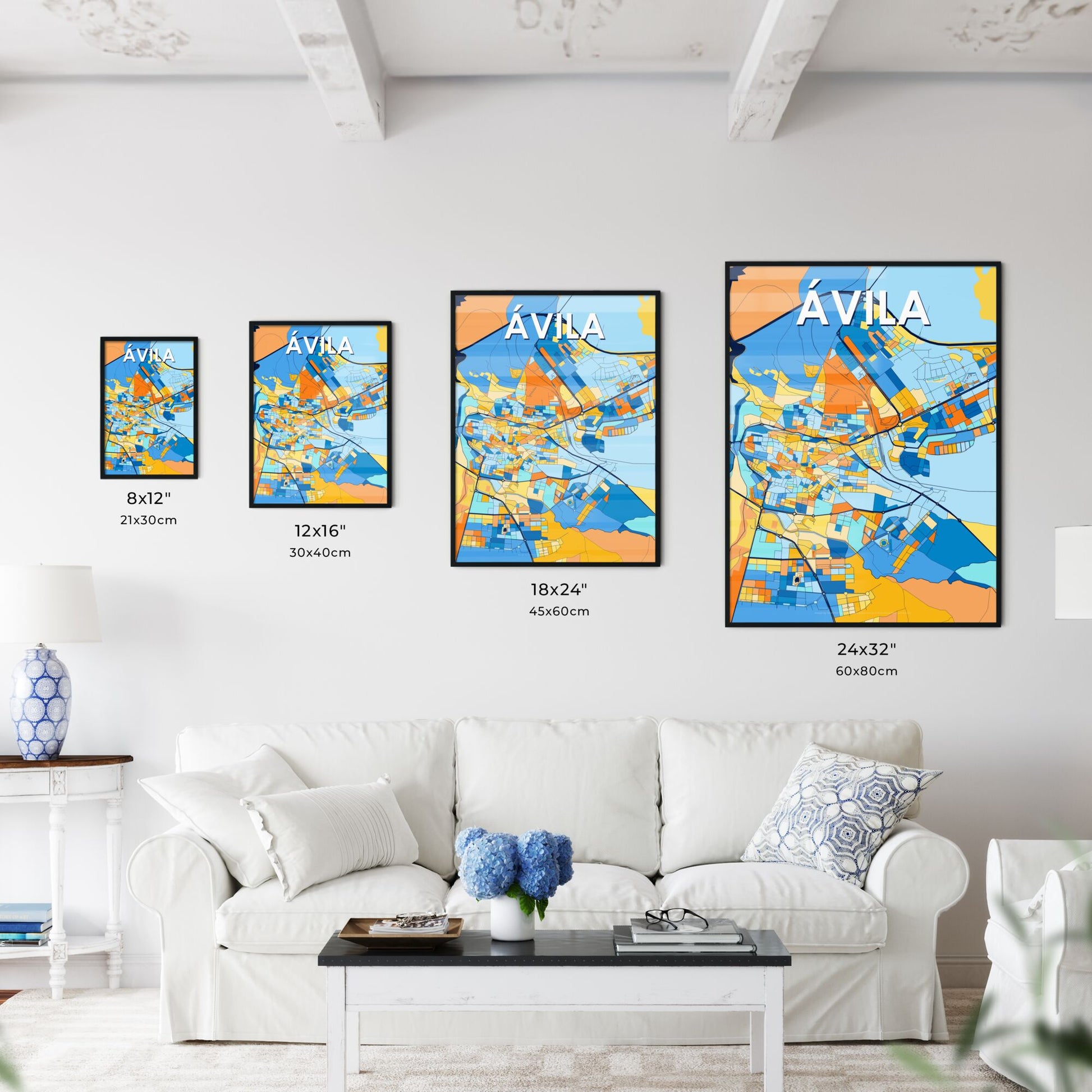 ÁVILA SPAIN Vibrant Colorful Art Map Poster Blue Orange