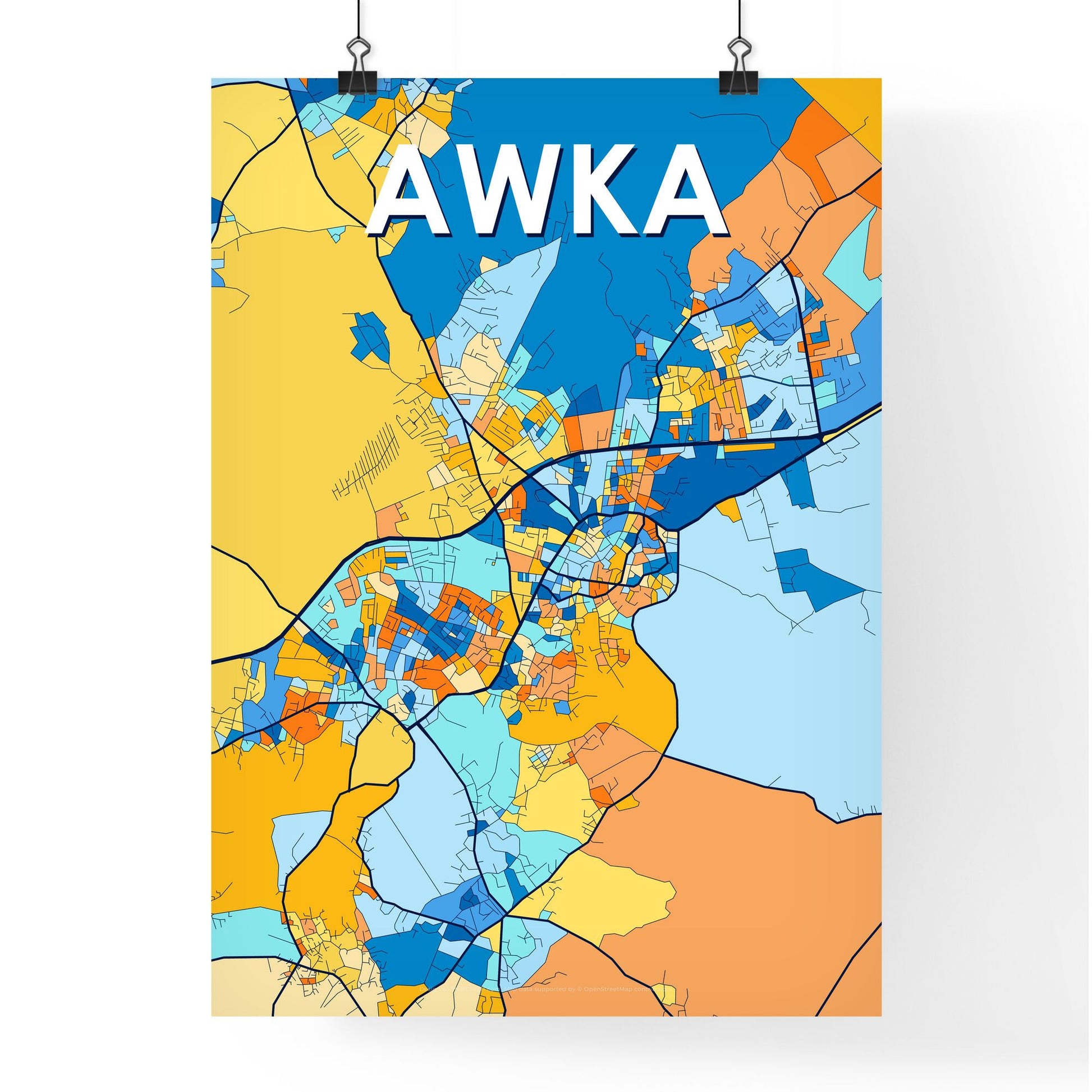 AWKA NIGERIA Vibrant Colorful Art Map Poster Blue Orange