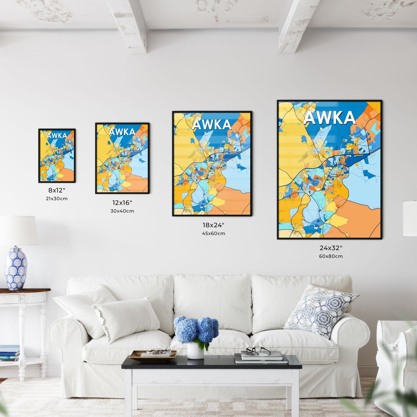 AWKA NIGERIA Vibrant Colorful Art Map Poster Blue Orange