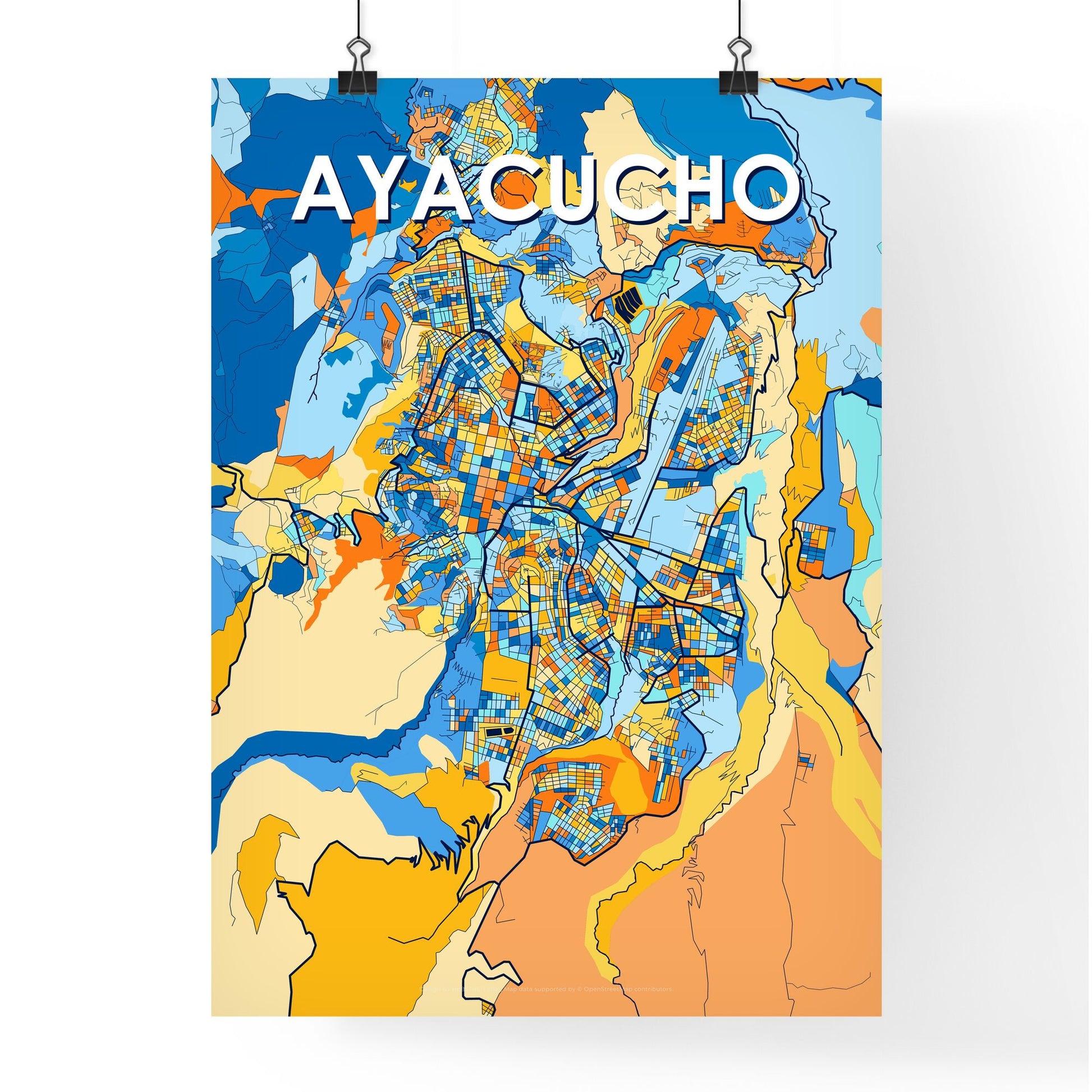 AYACUCHO PERU Vibrant Colorful Art Map Poster Blue Orange