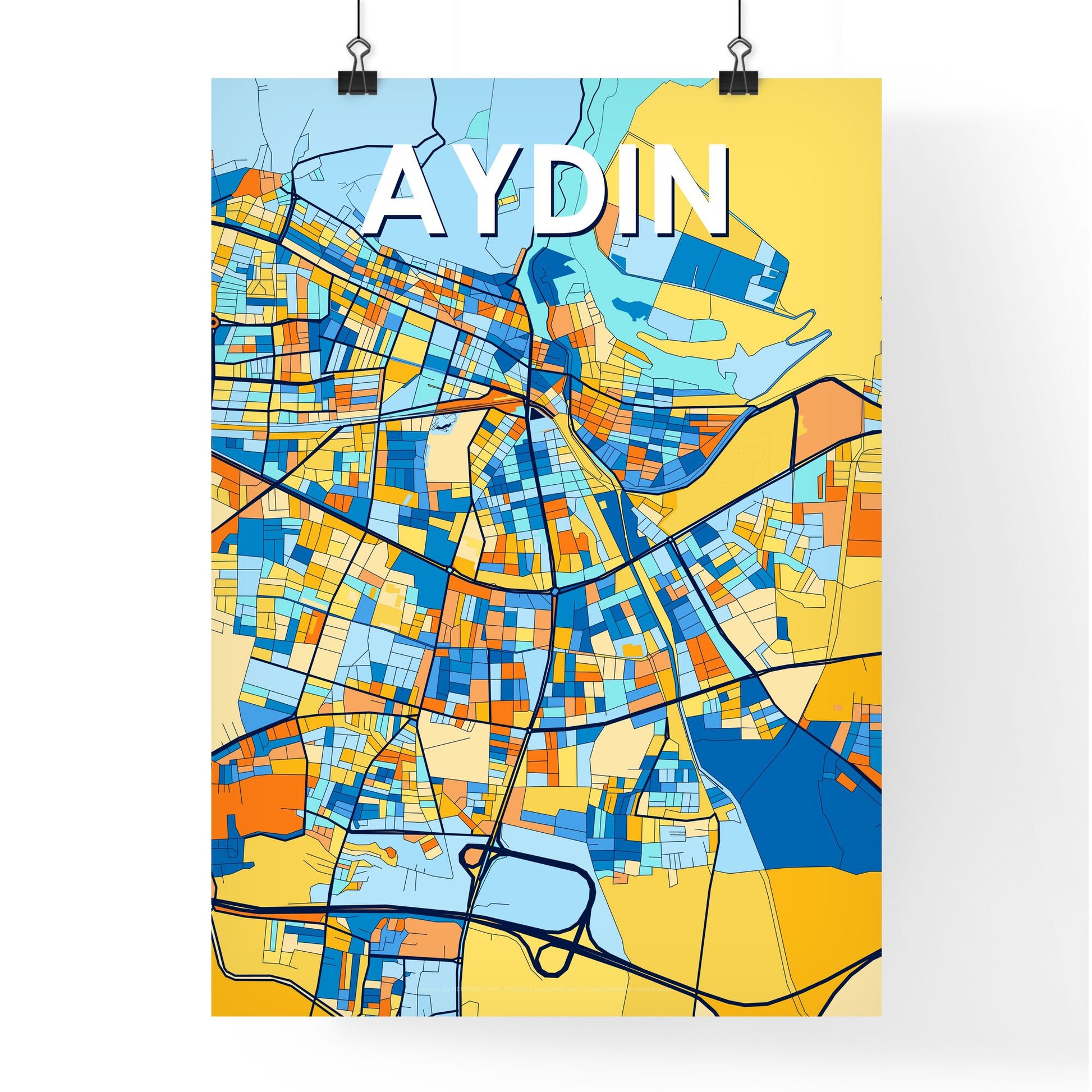 AYDIN TURKEY Vibrant Colorful Art Map Poster Blue Orange