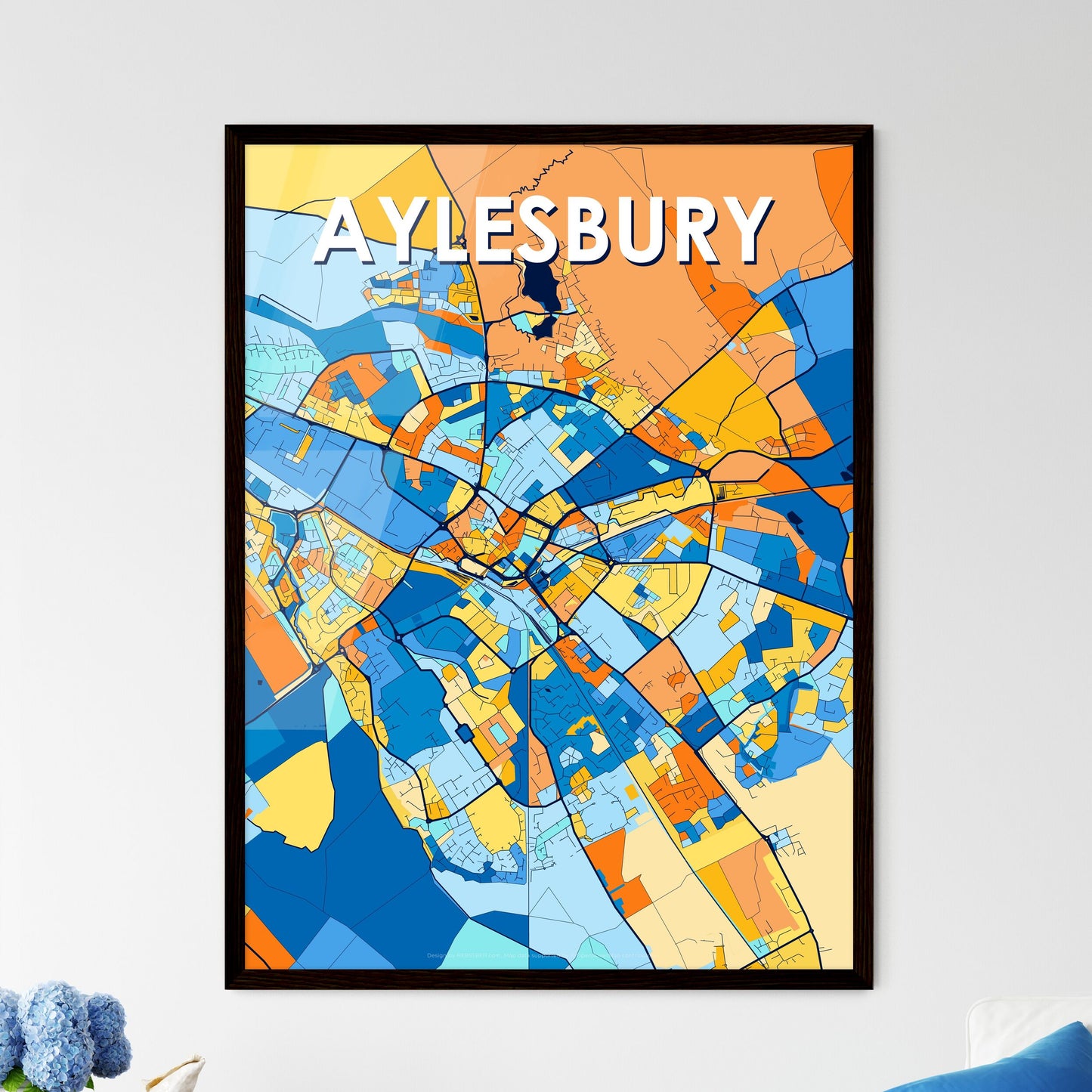 AYLESBURY ENGLAND Vibrant Colorful Art Map Poster Blue Orange