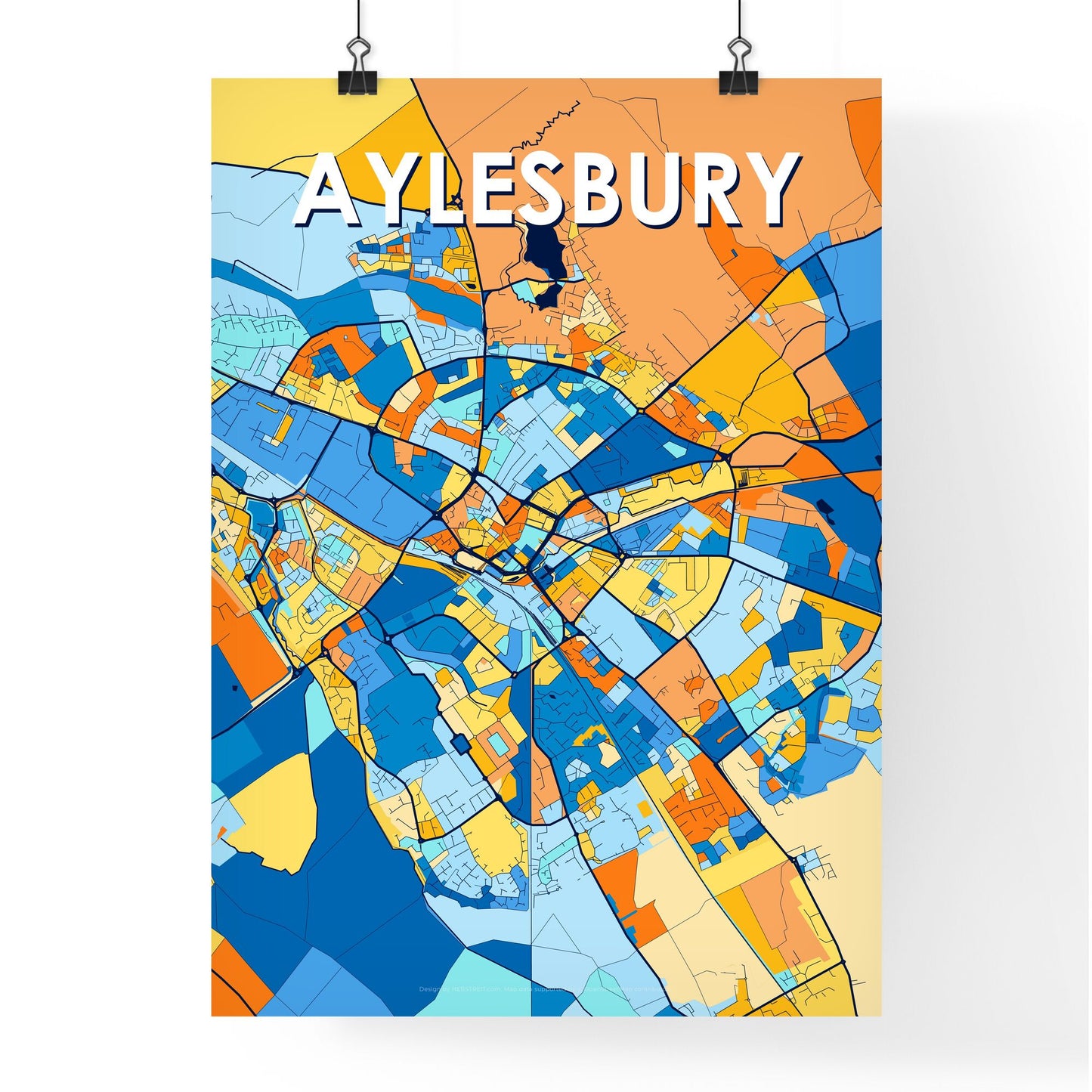 AYLESBURY ENGLAND Vibrant Colorful Art Map Poster Blue Orange