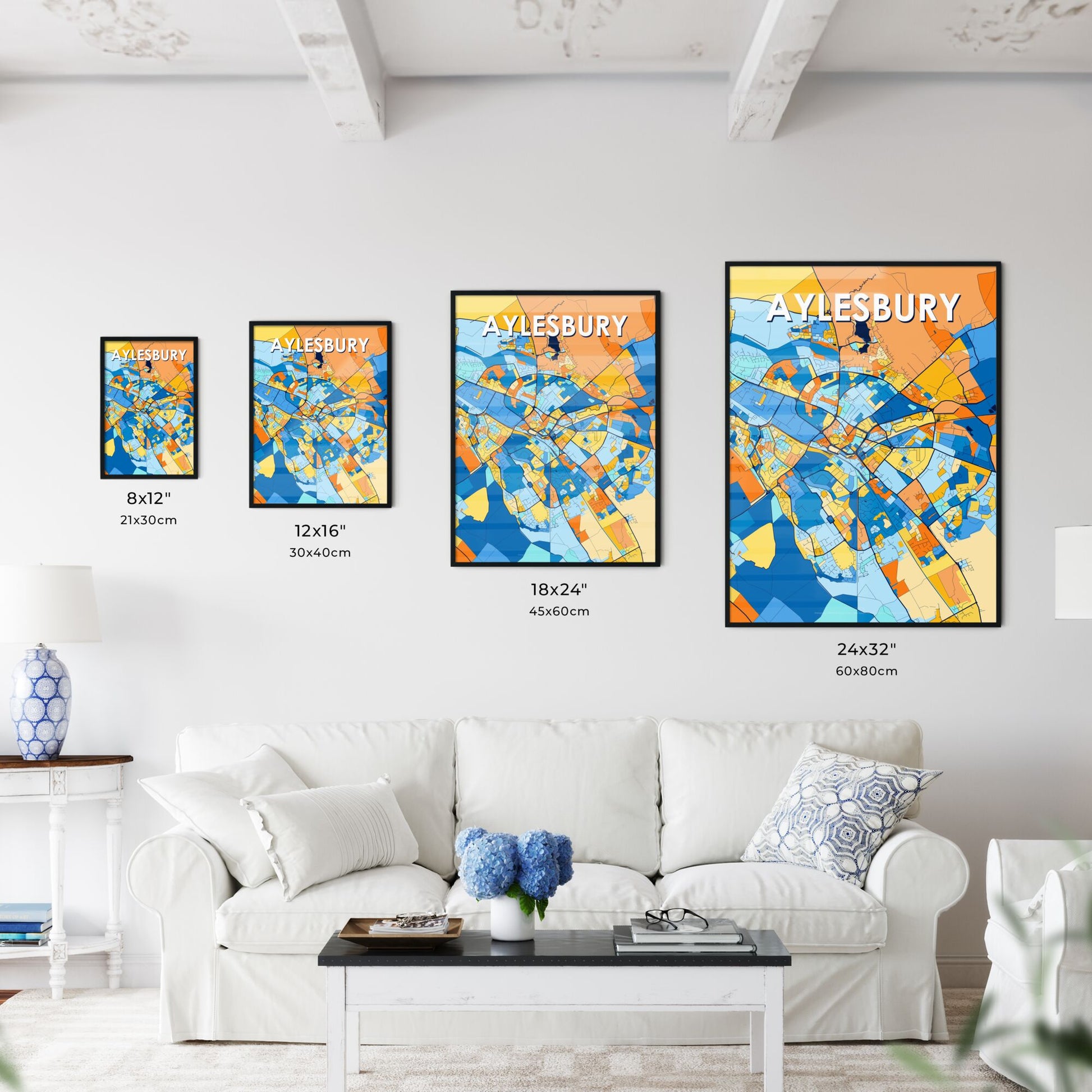 AYLESBURY ENGLAND Vibrant Colorful Art Map Poster Blue Orange