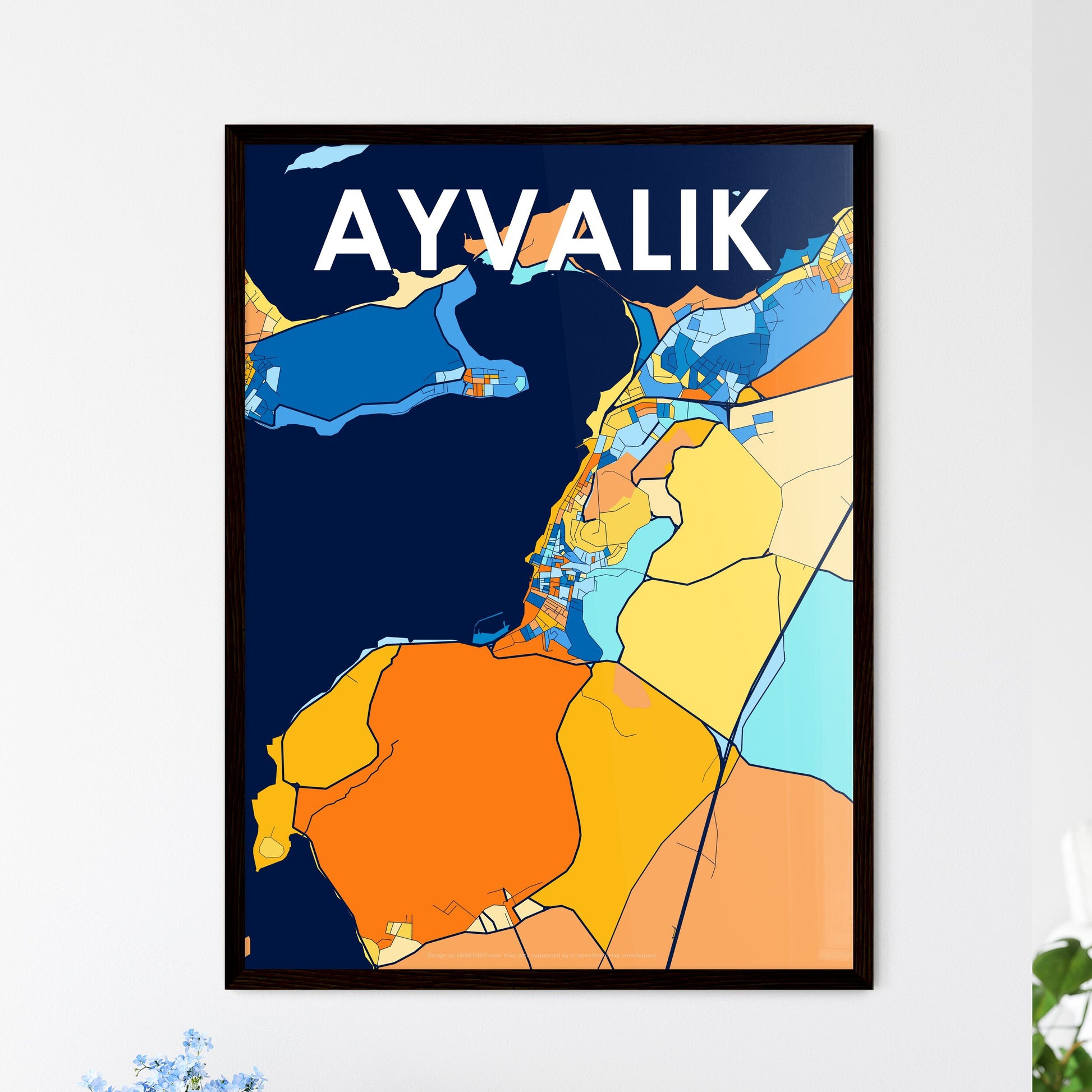 AYVALIK TURKEY Vibrant Colorful Art Map Poster Blue Orange