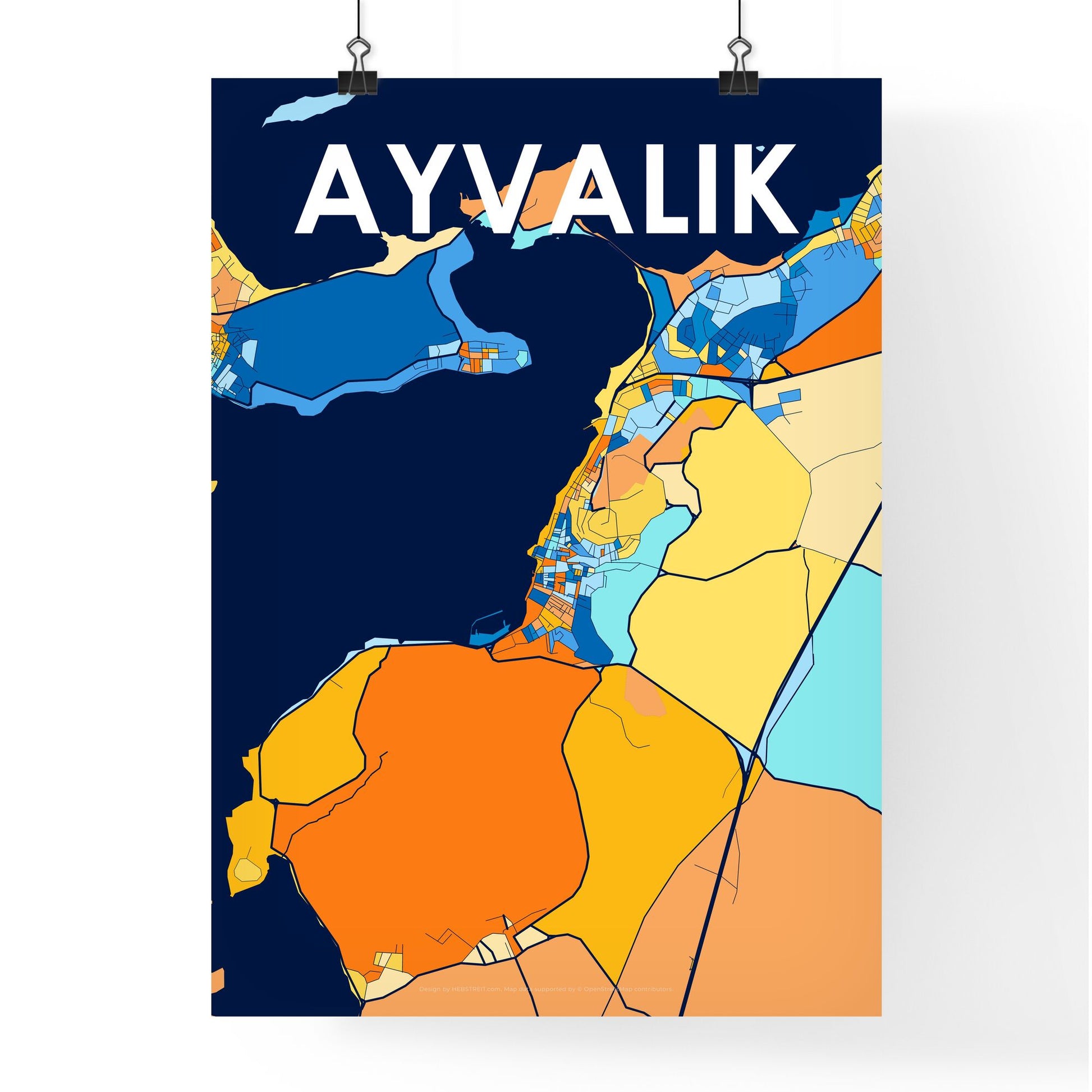 AYVALIK TURKEY Vibrant Colorful Art Map Poster Blue Orange