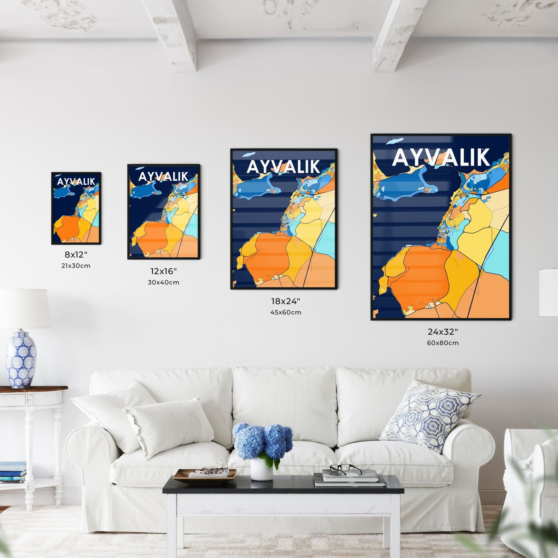 AYVALIK TURKEY Vibrant Colorful Art Map Poster Blue Orange