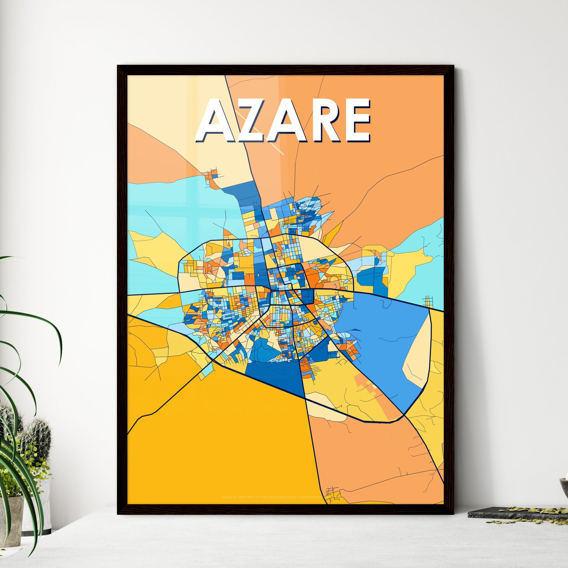 AZARE NIGERIA Vibrant Colorful Art Map Poster Blue Orange