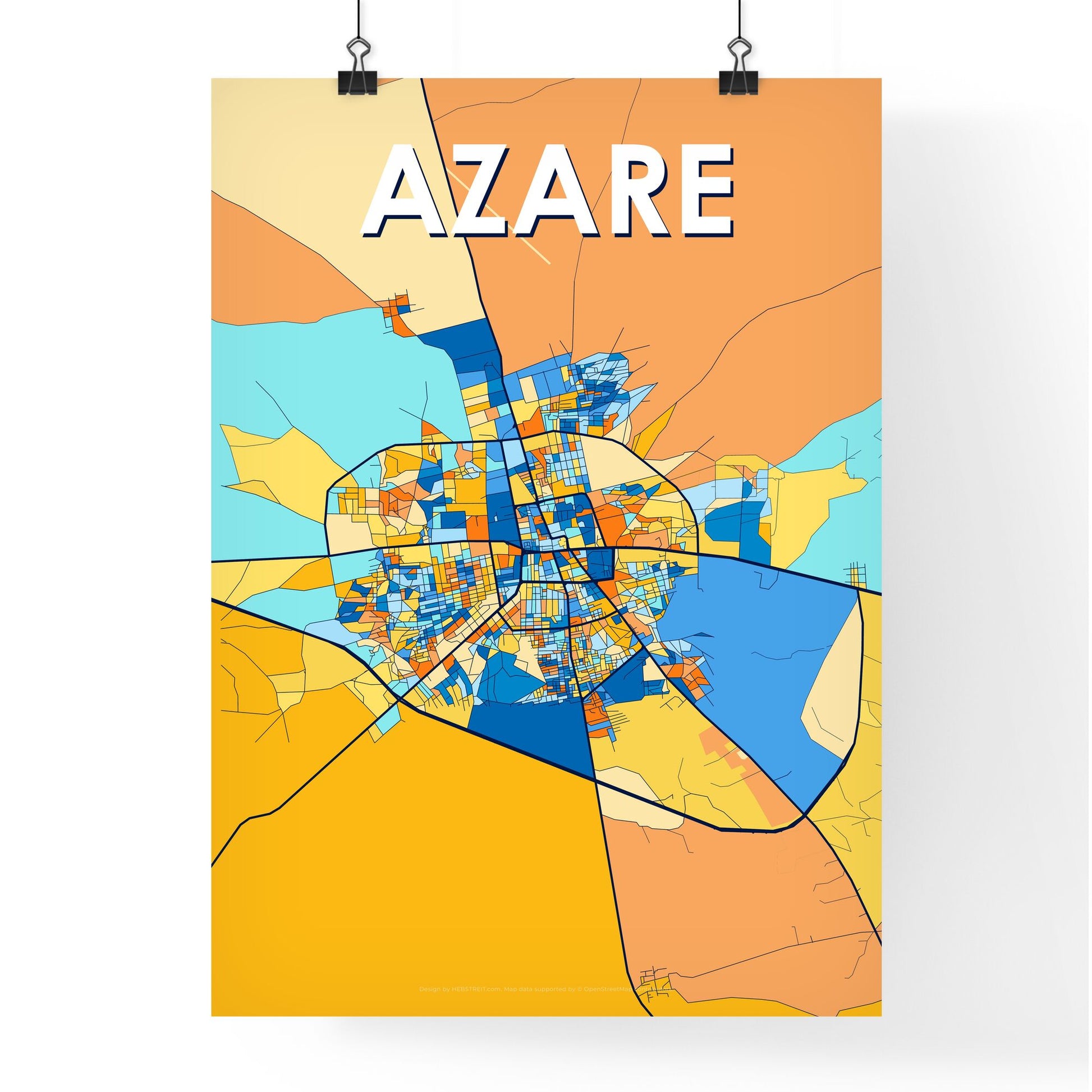 AZARE NIGERIA Vibrant Colorful Art Map Poster Blue Orange