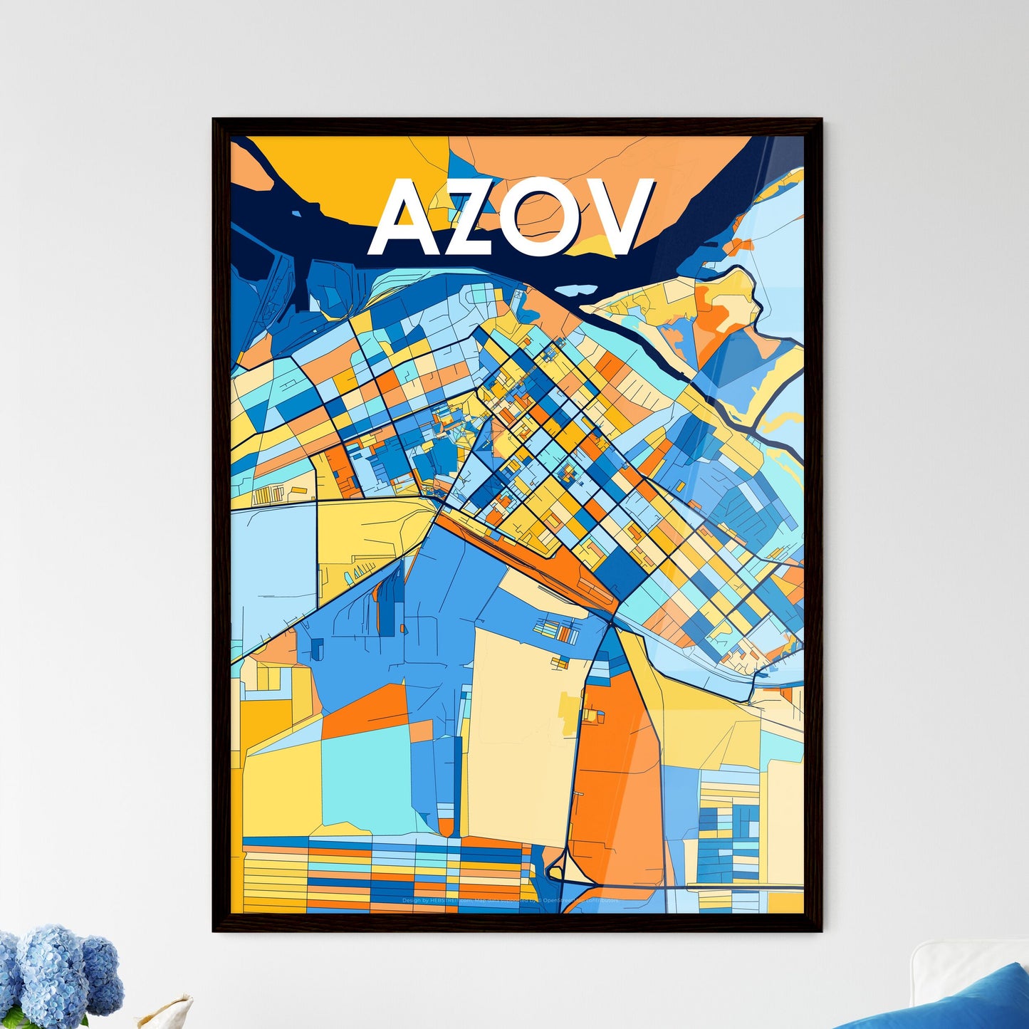 AZOV RUSSIA Vibrant Colorful Art Map Poster Blue Orange