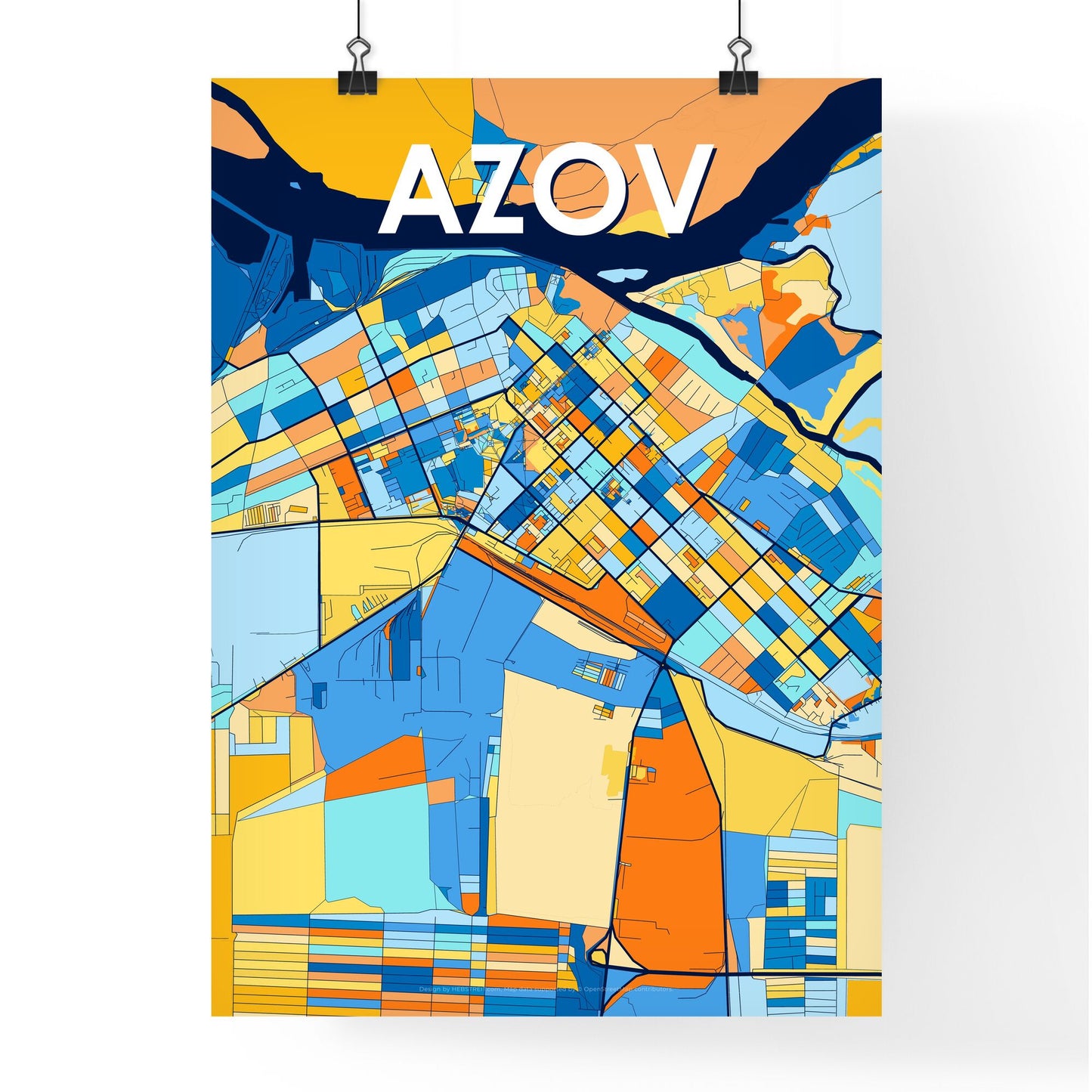 AZOV RUSSIA Vibrant Colorful Art Map Poster Blue Orange