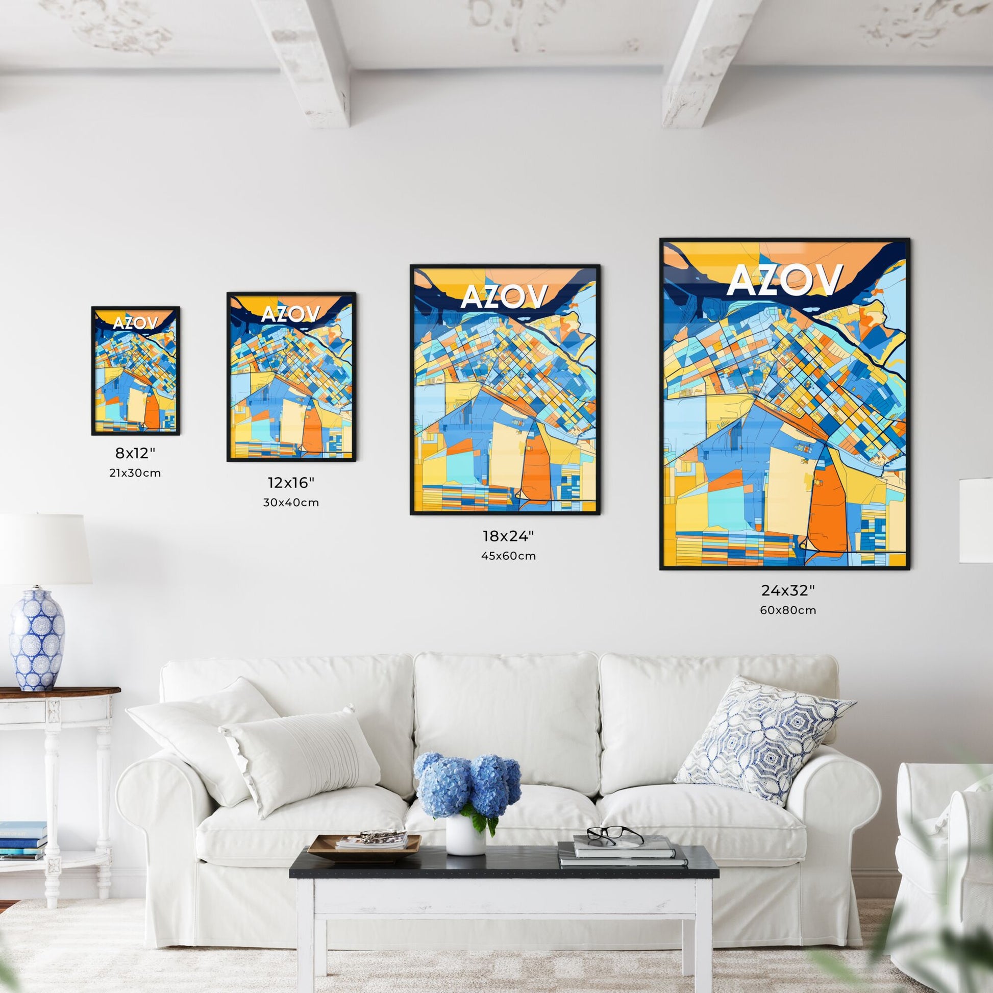 AZOV RUSSIA Vibrant Colorful Art Map Poster Blue Orange