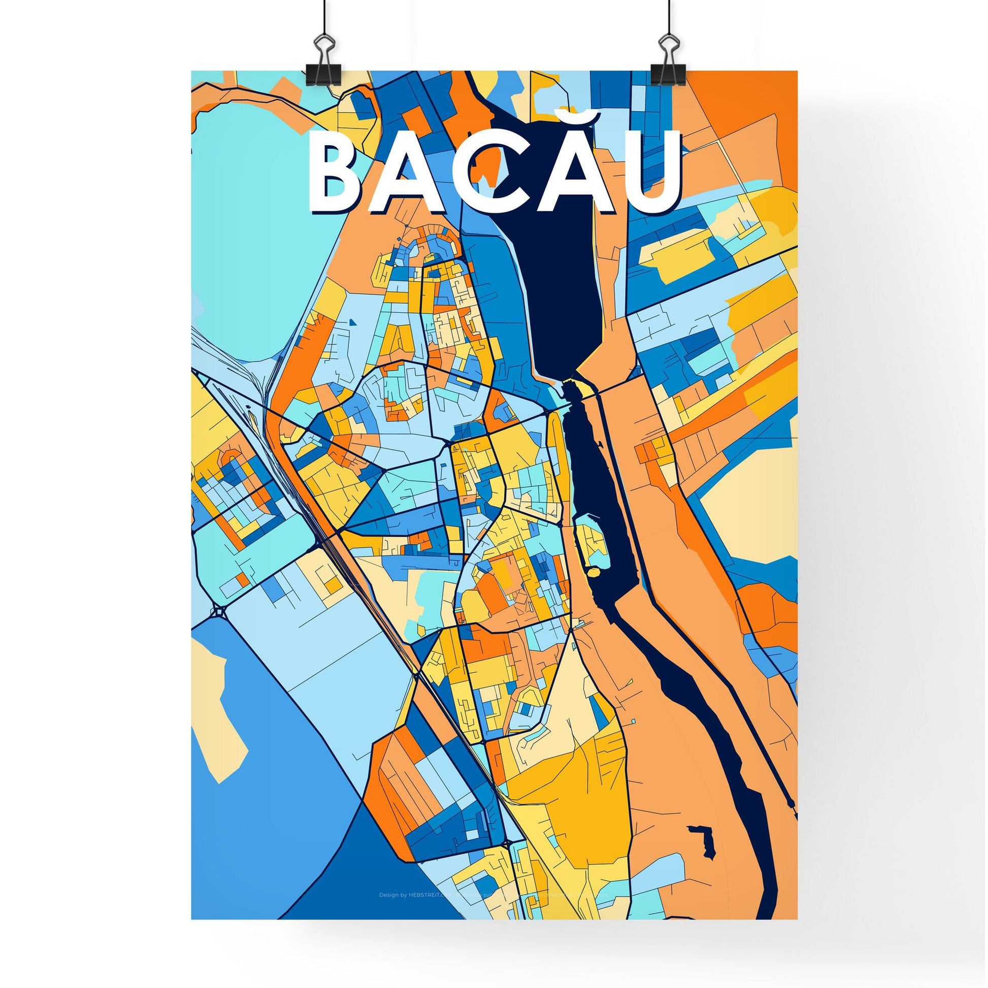 BACĂU ROMANIA Vibrant Colorful Art Map Poster Blue Orange