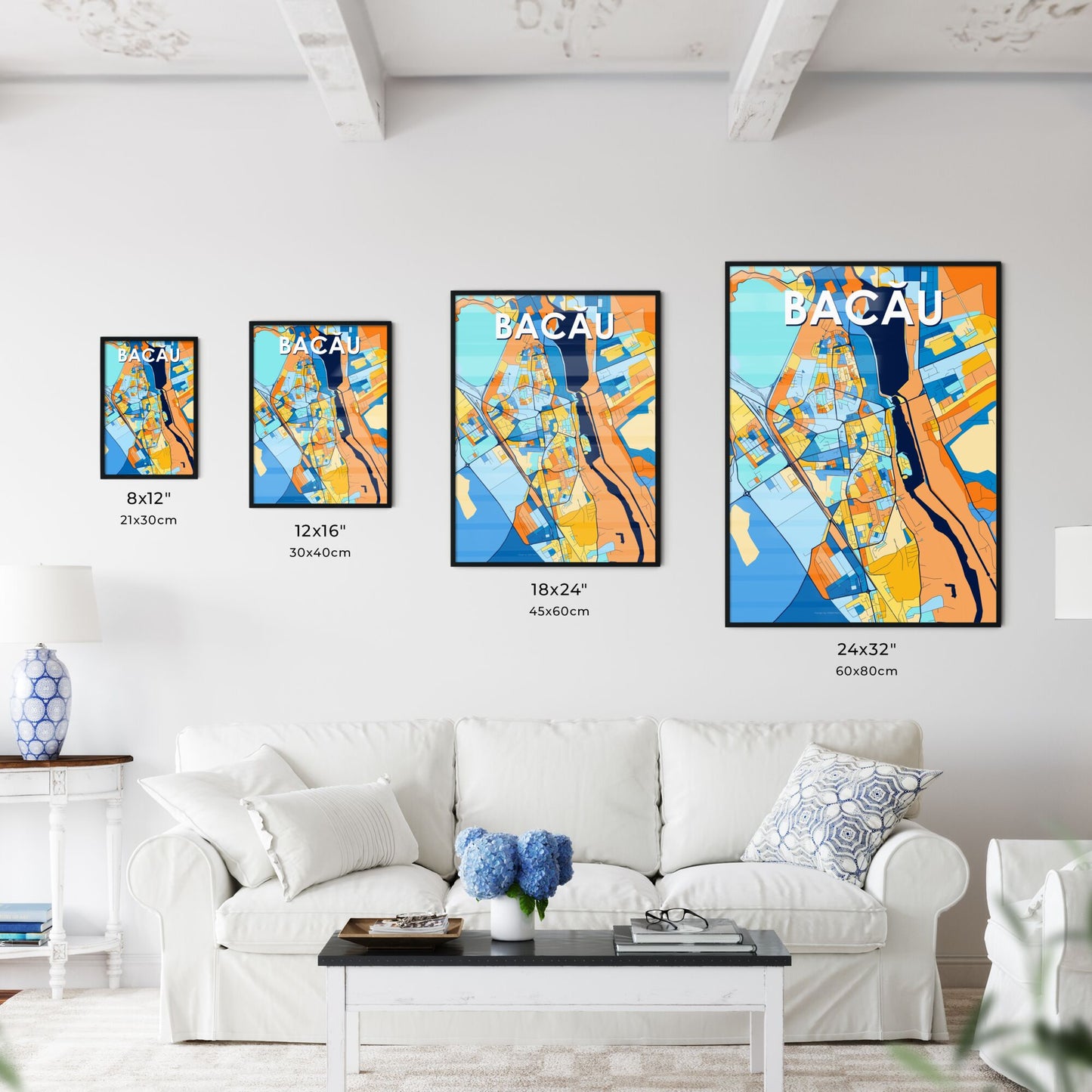 BACĂU ROMANIA Vibrant Colorful Art Map Poster Blue Orange