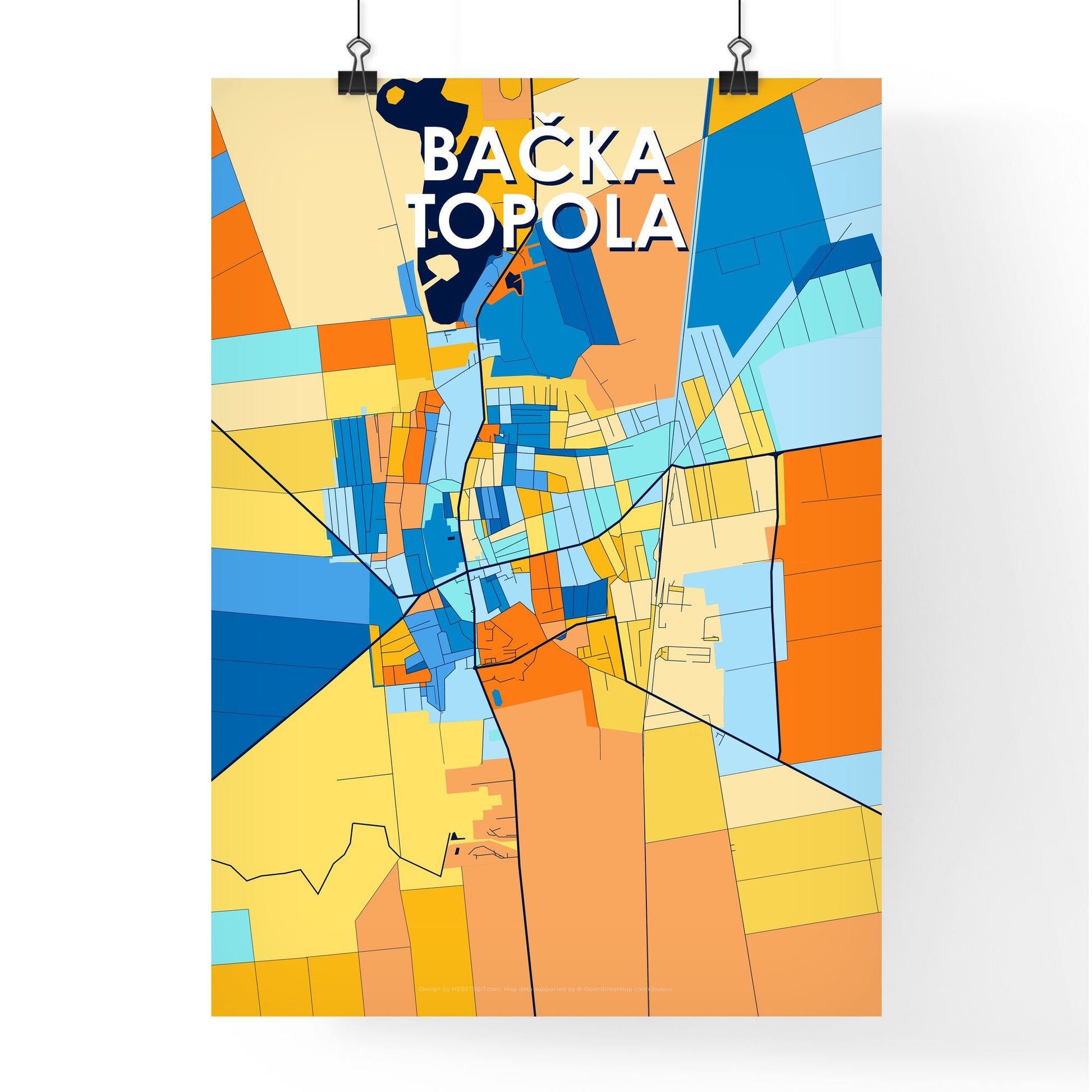 BAČKA TOPOLA SERBIA Vibrant Colorful Art Map Poster Blue Orange