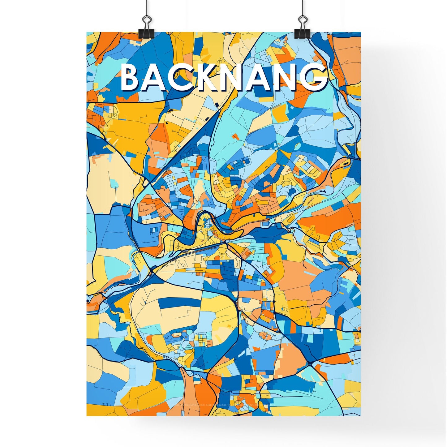 BACKNANG GERMANY Vibrant Colorful Art Map Poster Blue Orange