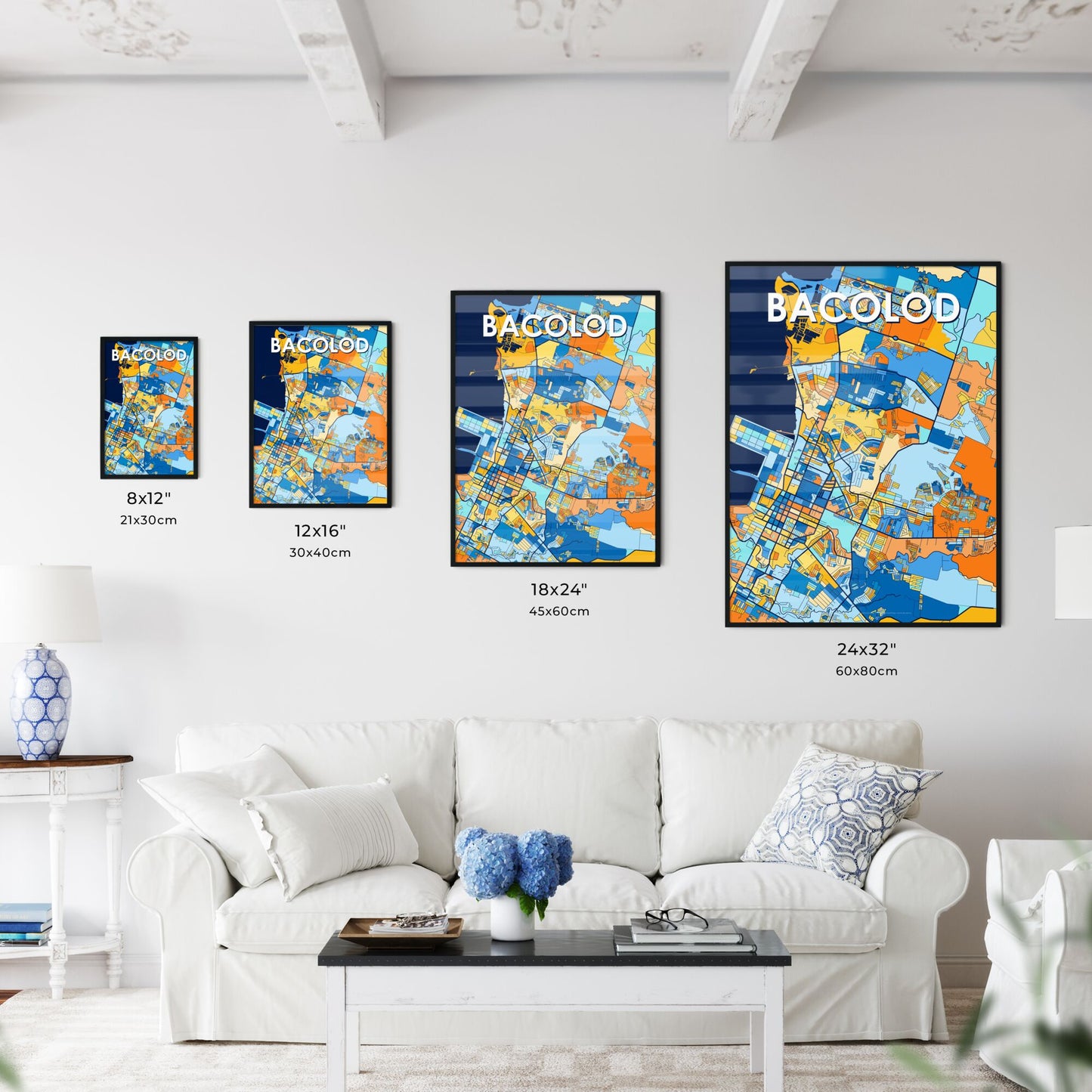 BACOLOD PHILIPPINES Vibrant Colorful Art Map Poster Blue Orange