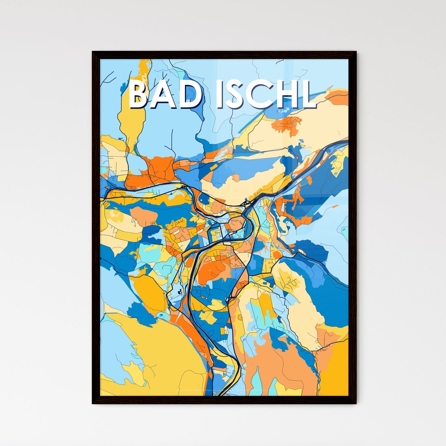 BAD ISCHL AUSTRIA Vibrant Colorful Art Map Poster Blue Orange