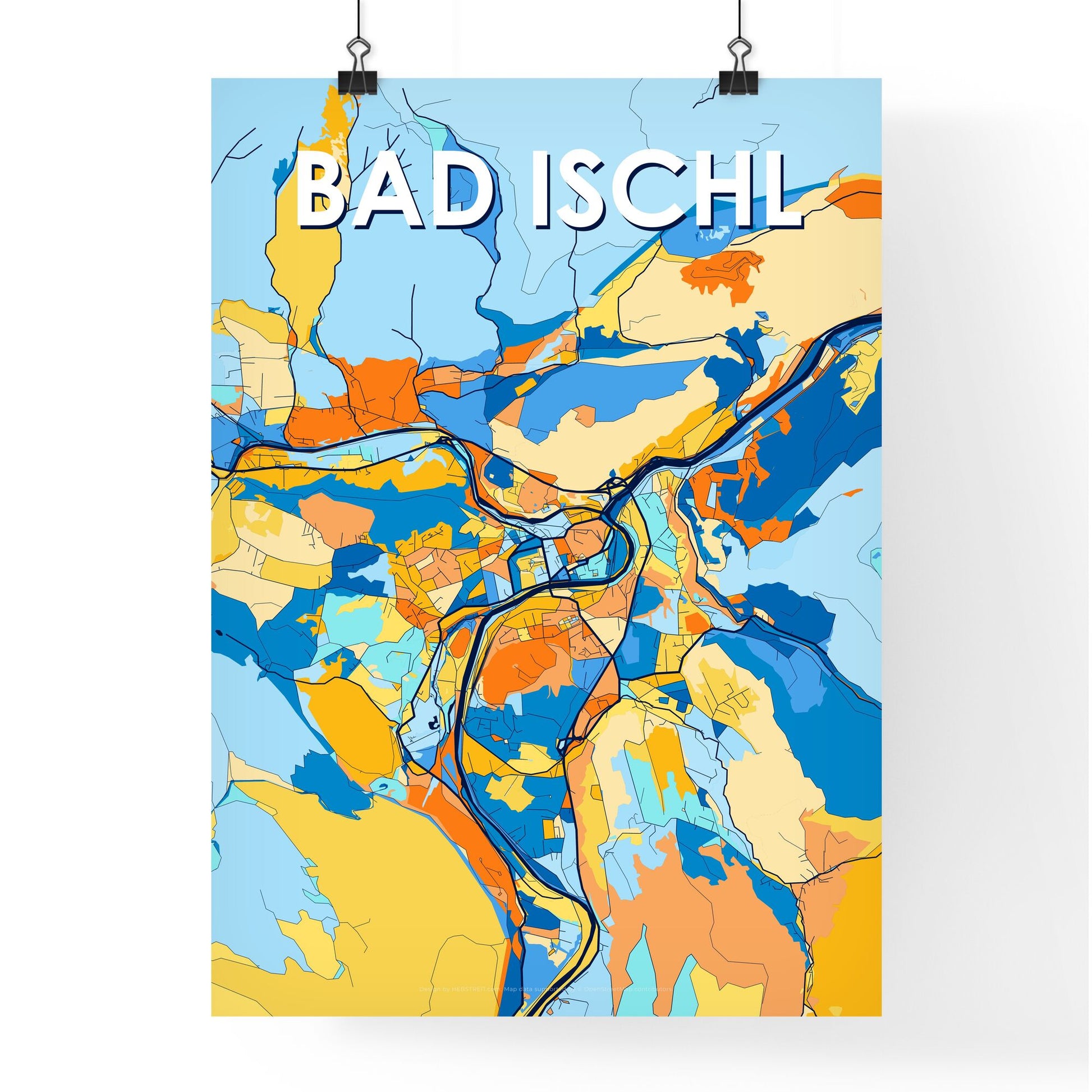 BAD ISCHL AUSTRIA Vibrant Colorful Art Map Poster Blue Orange