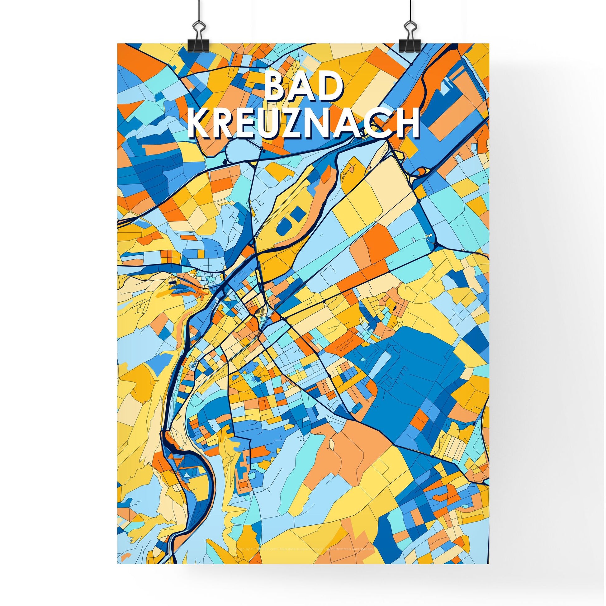 BAD KREUZNACH GERMANY Vibrant Colorful Art Map Poster Blue Orange