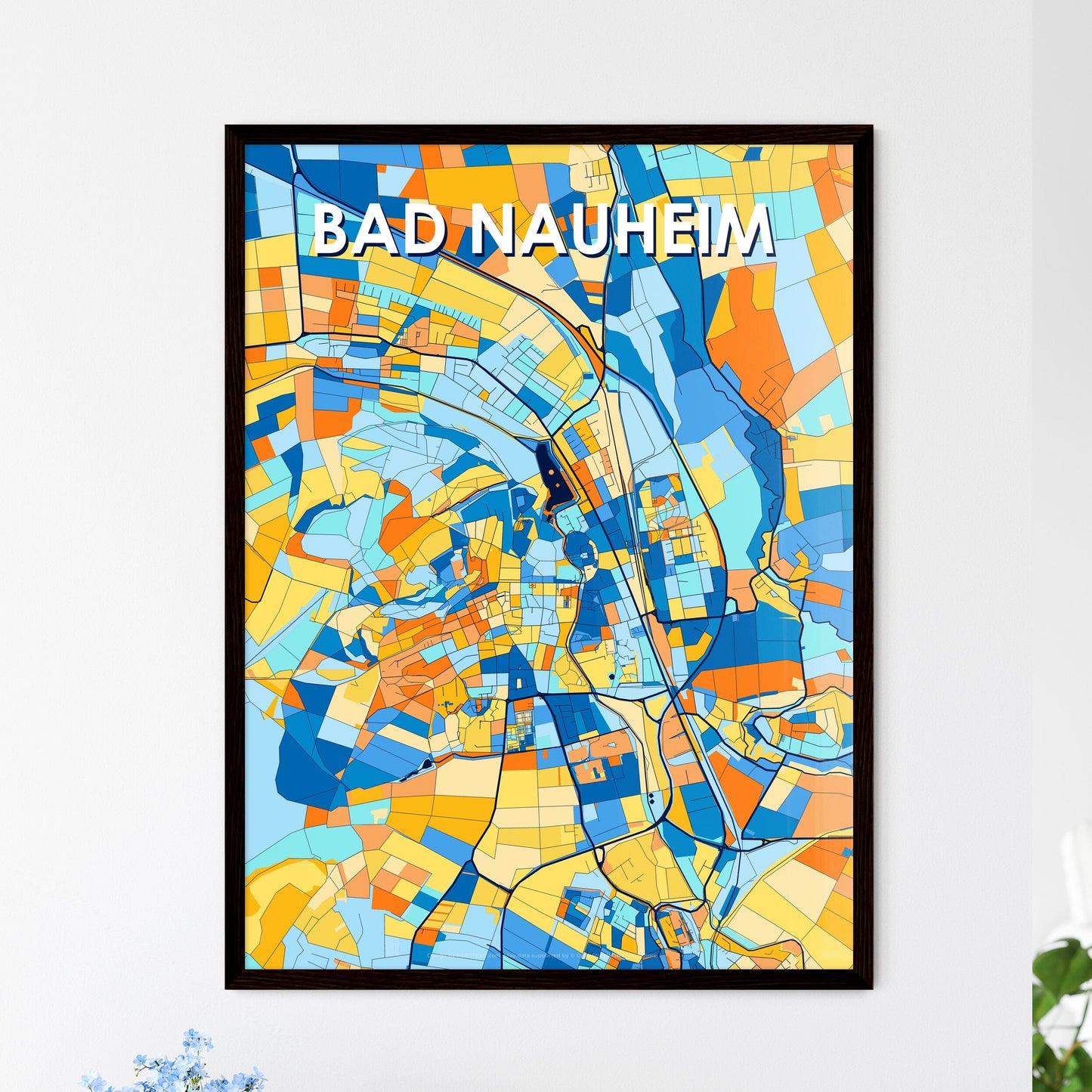 BAD NAUHEIM GERMANY Vibrant Colorful Art Map Poster Blue Orange