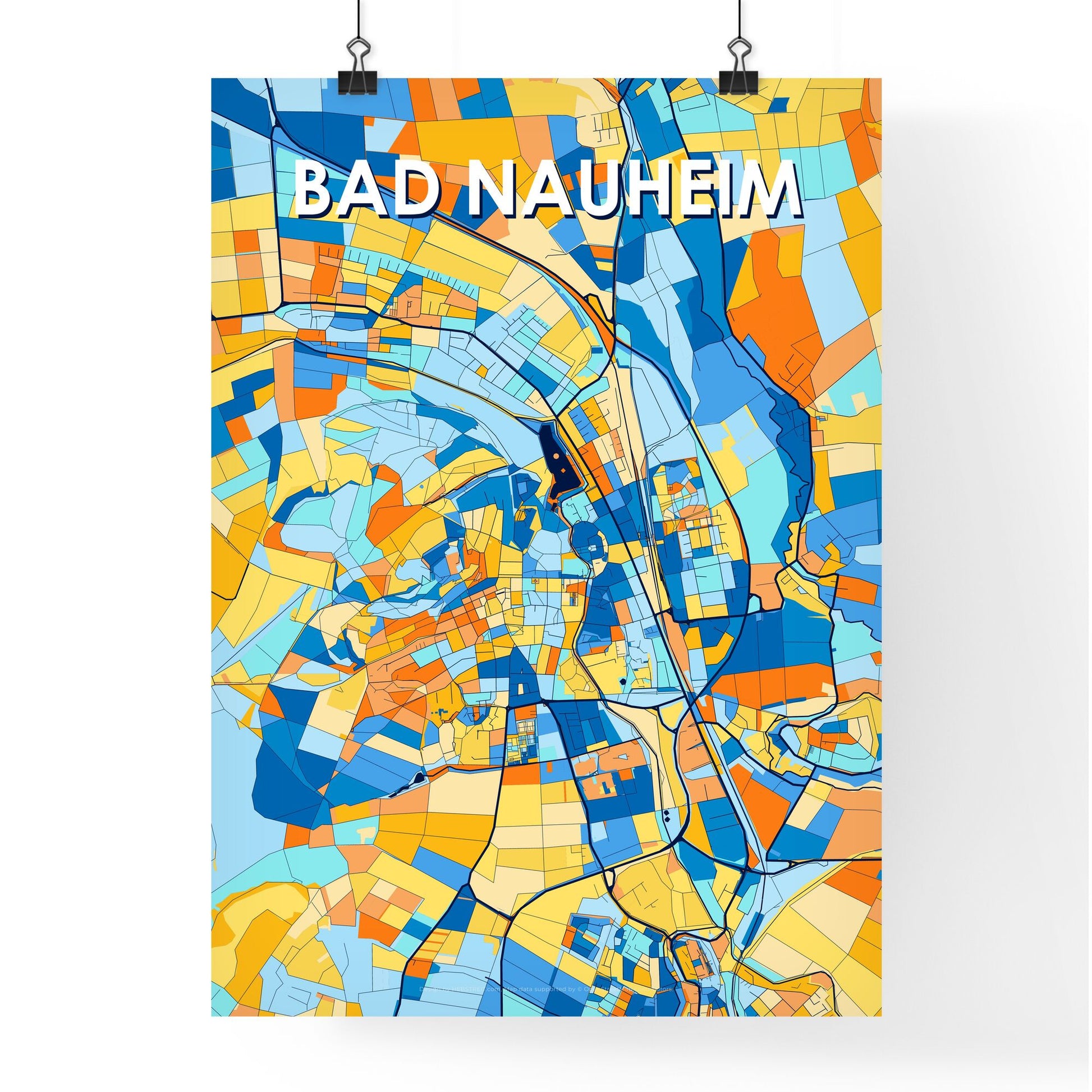 BAD NAUHEIM GERMANY Vibrant Colorful Art Map Poster Blue Orange