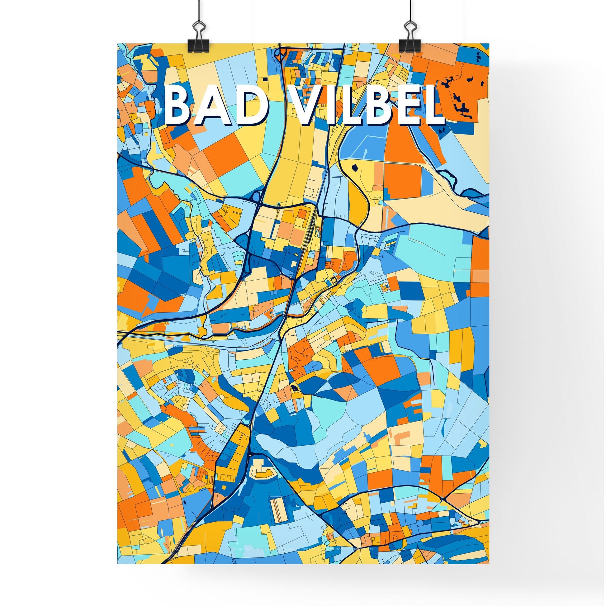 BAD VILBEL GERMANY Vibrant Colorful Art Map Poster Blue Orange