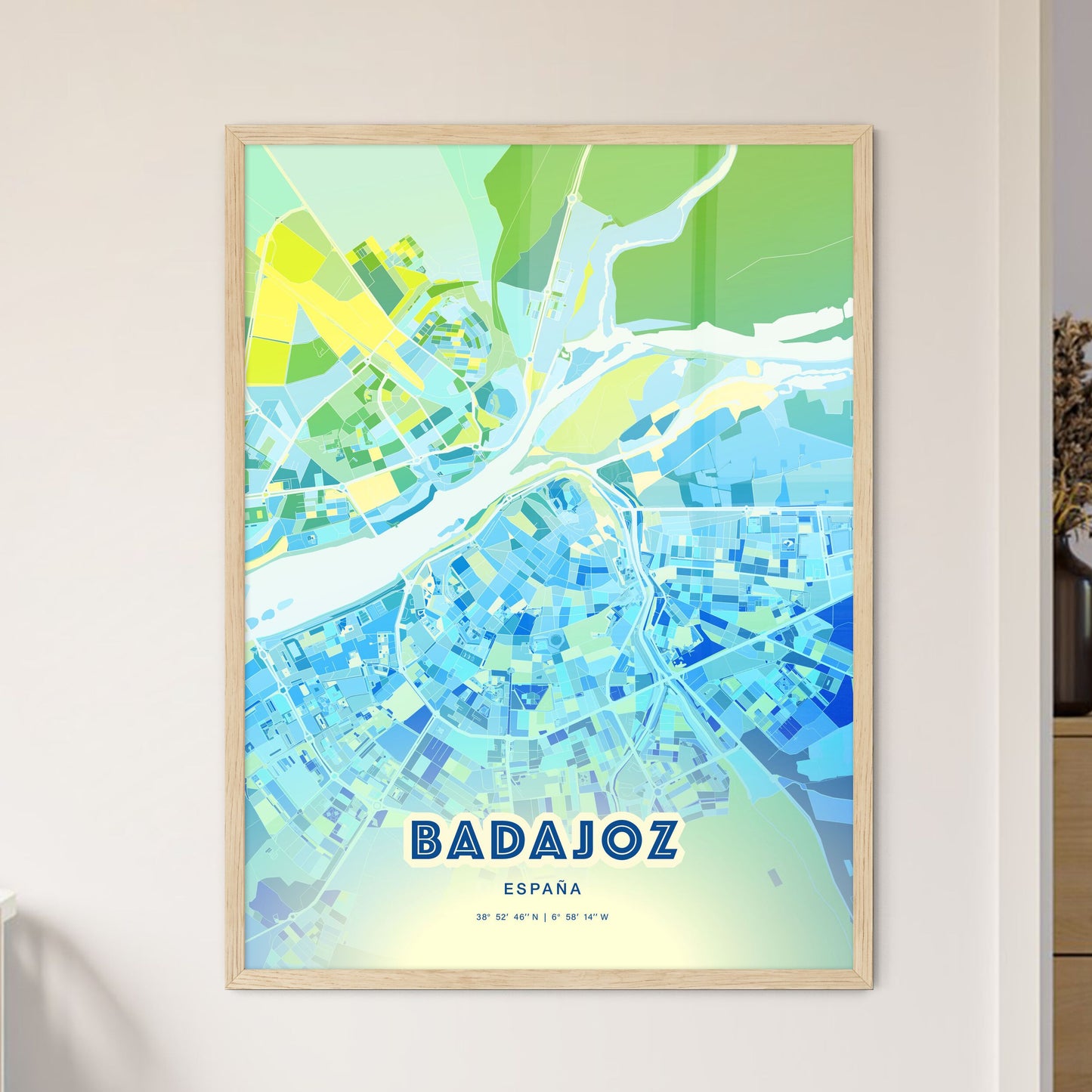 Colorful Badajoz Spain Fine Art Map Cool Blue