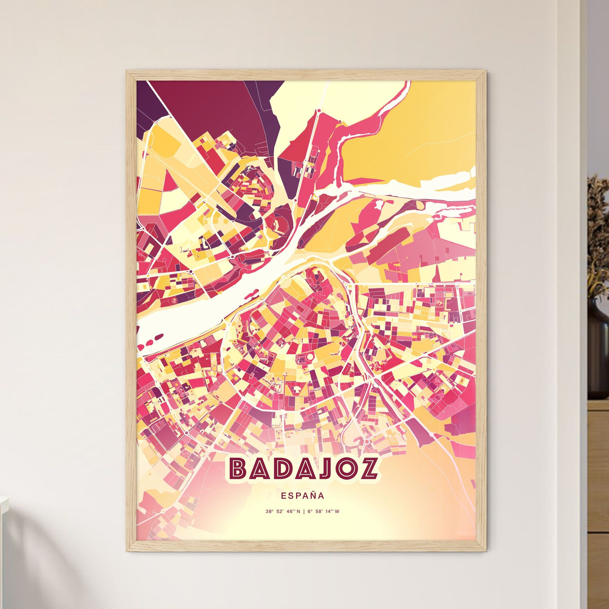 Colorful Badajoz Spain Fine Art Map Hot Red
