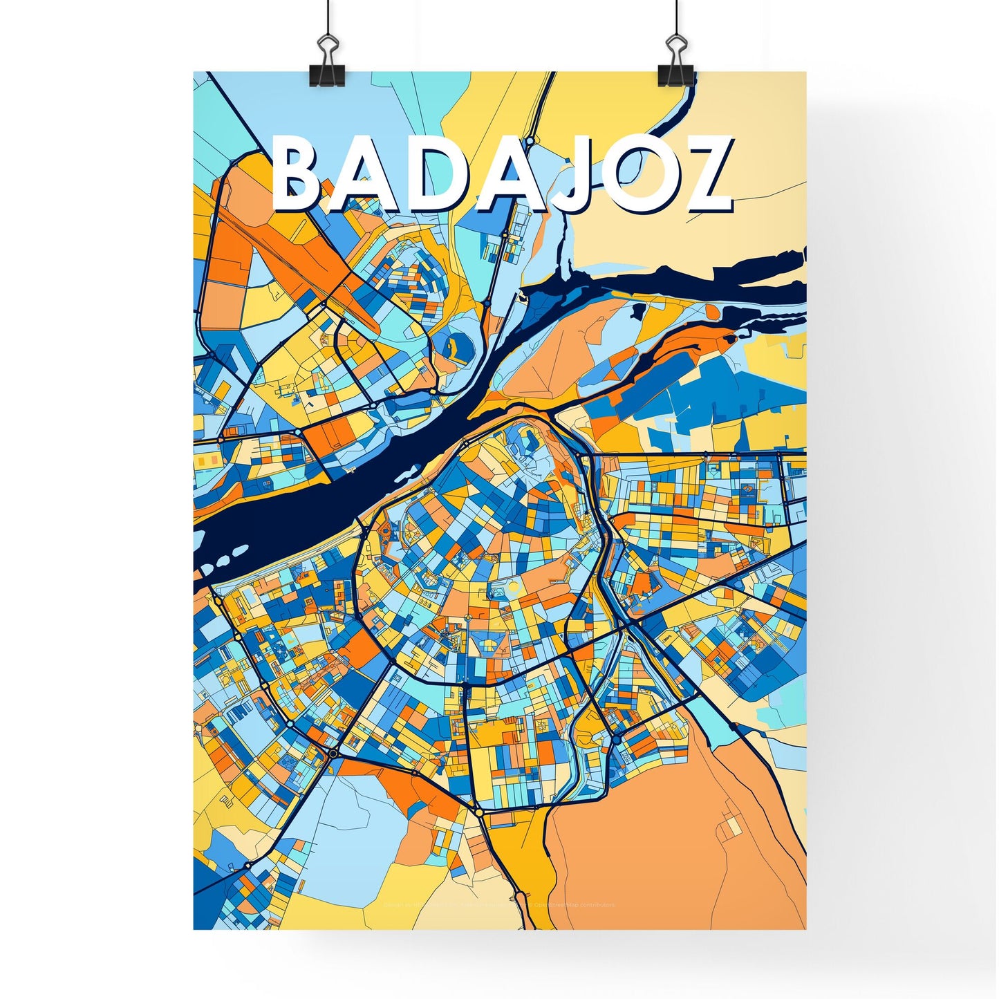 BADAJOZ SPAIN Vibrant Colorful Art Map Poster Blue Orange