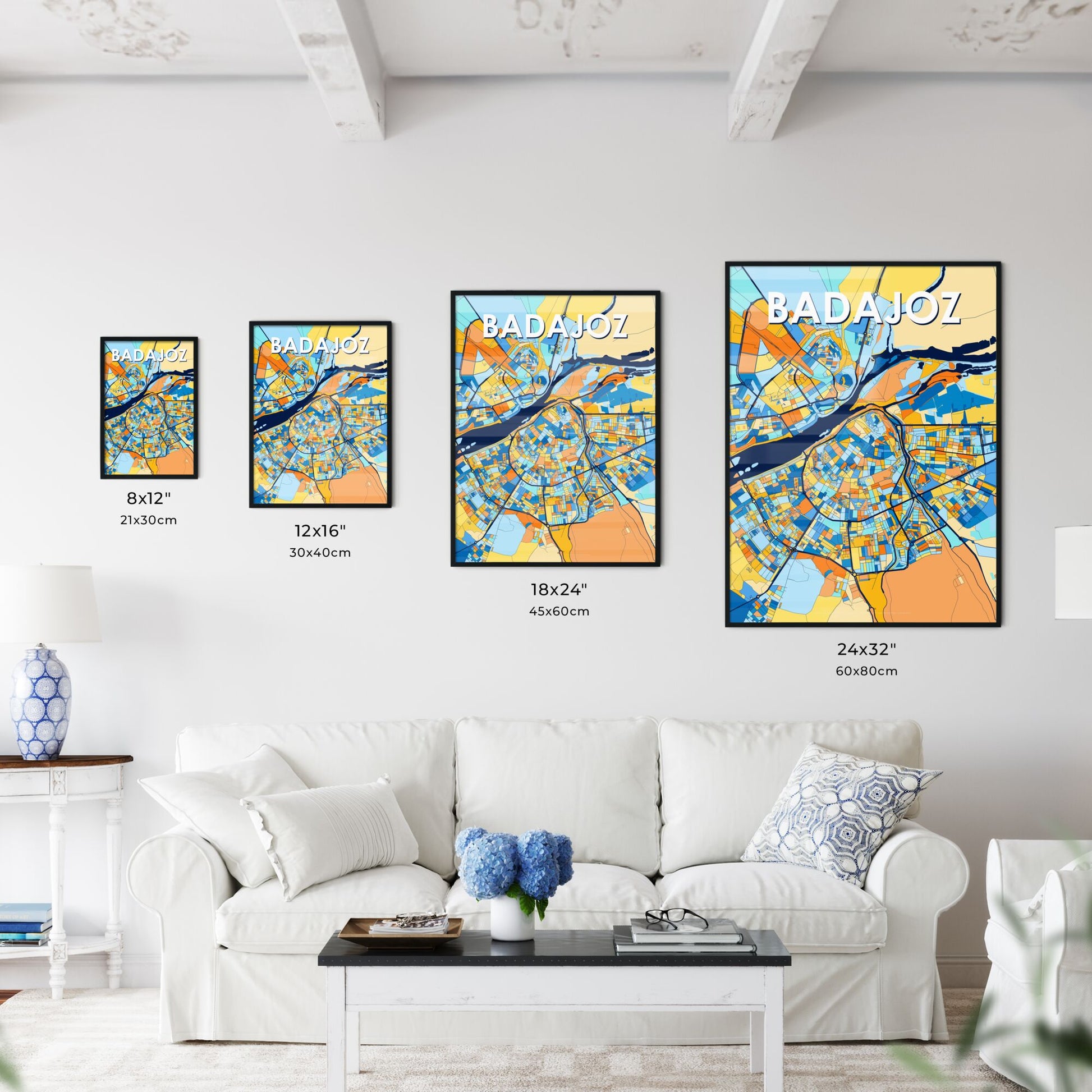 BADAJOZ SPAIN Vibrant Colorful Art Map Poster Blue Orange