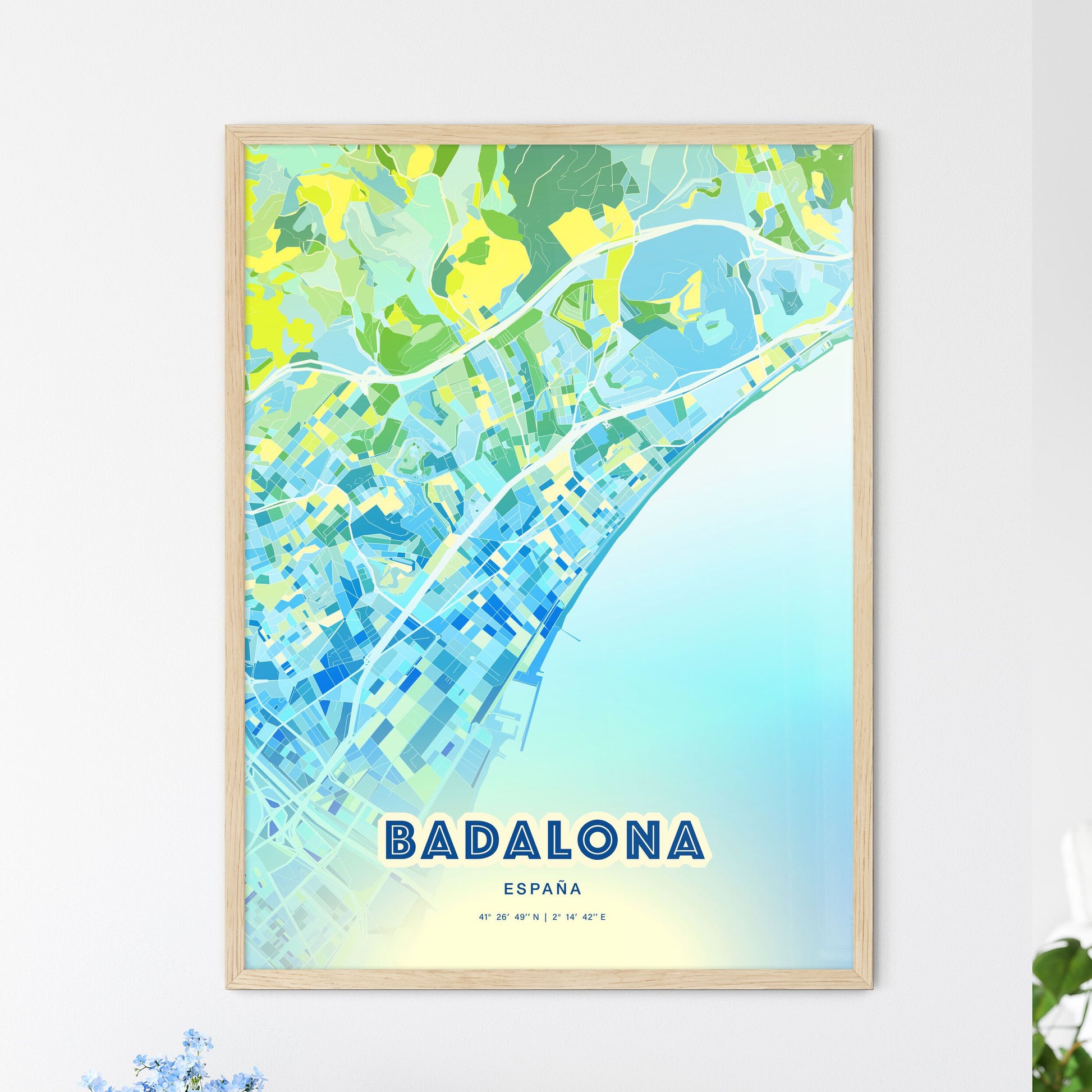 Colorful Badalona Spain Fine Art Map Cool Blue