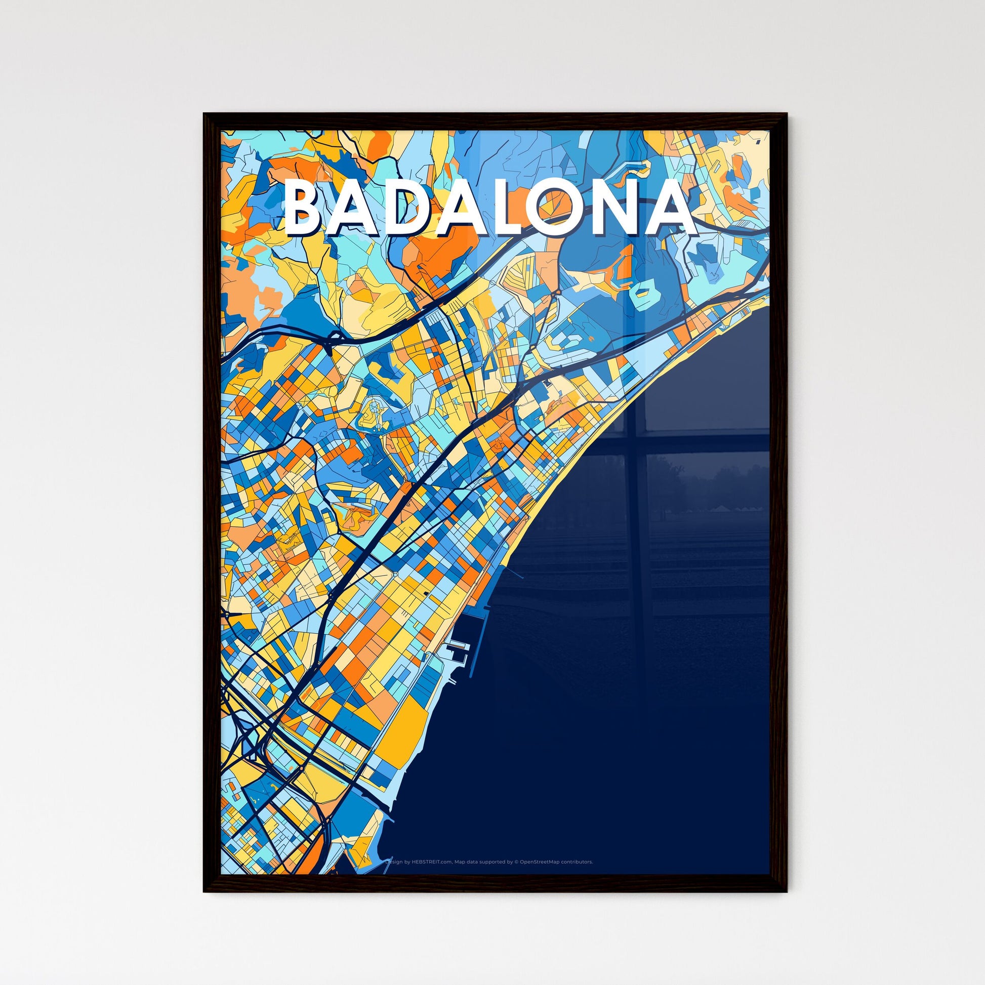 BADALONA SPAIN Vibrant Colorful Art Map Poster Blue Orange