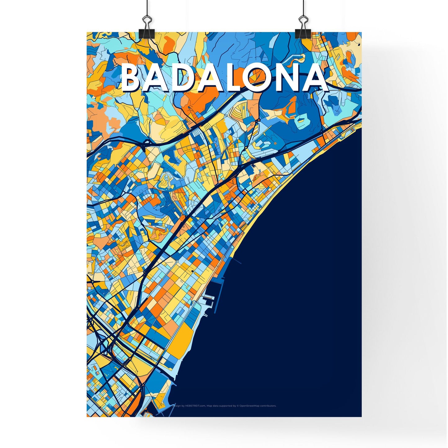 BADALONA SPAIN Vibrant Colorful Art Map Poster Blue Orange