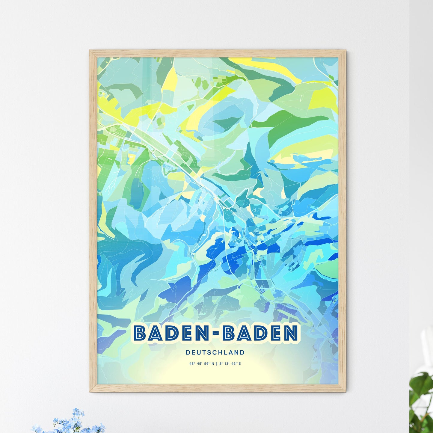 Colorful Baden-Baden Germany Fine Art Map Cool Blue