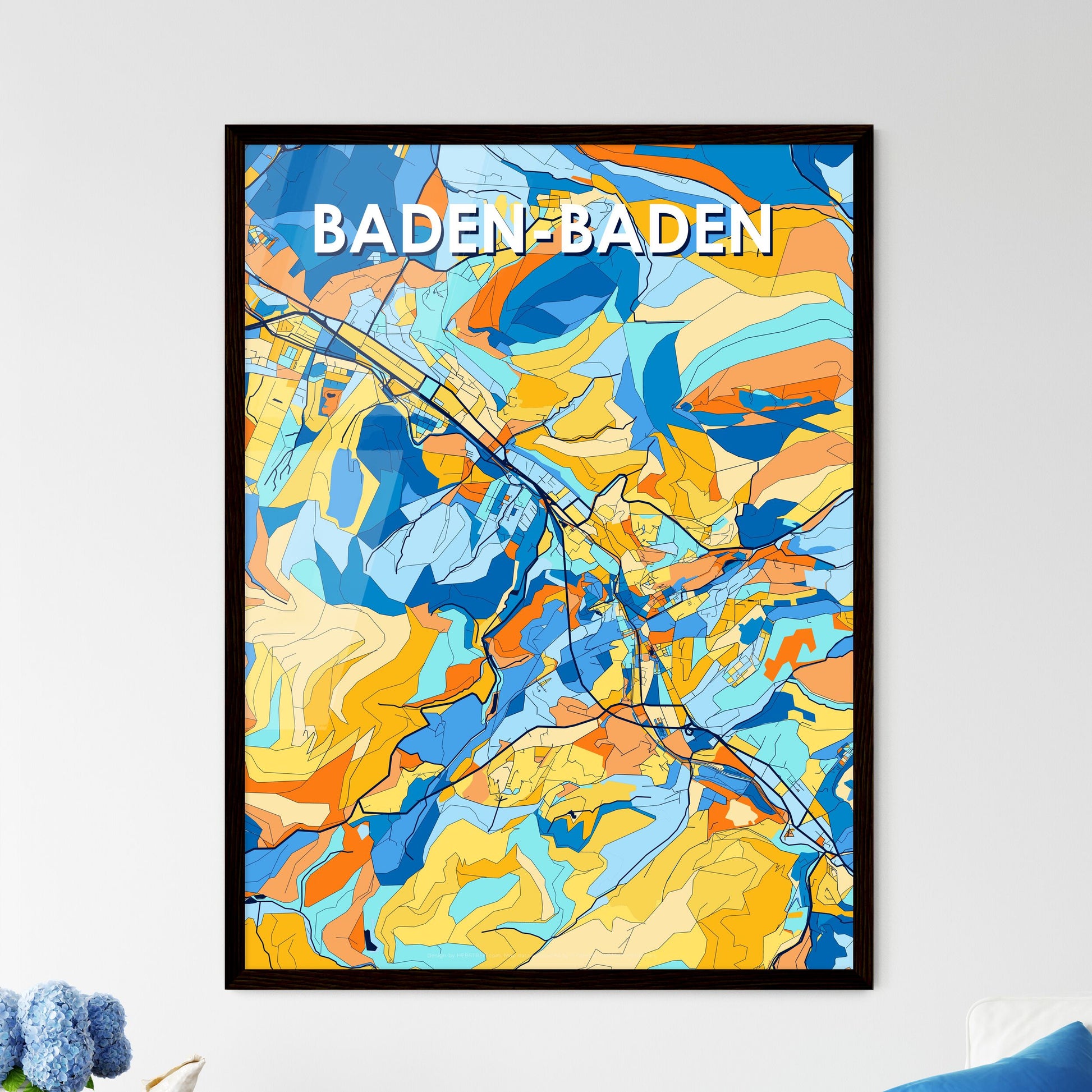 BADEN-BADEN GERMANY Vibrant Colorful Art Map Poster Blue Orange