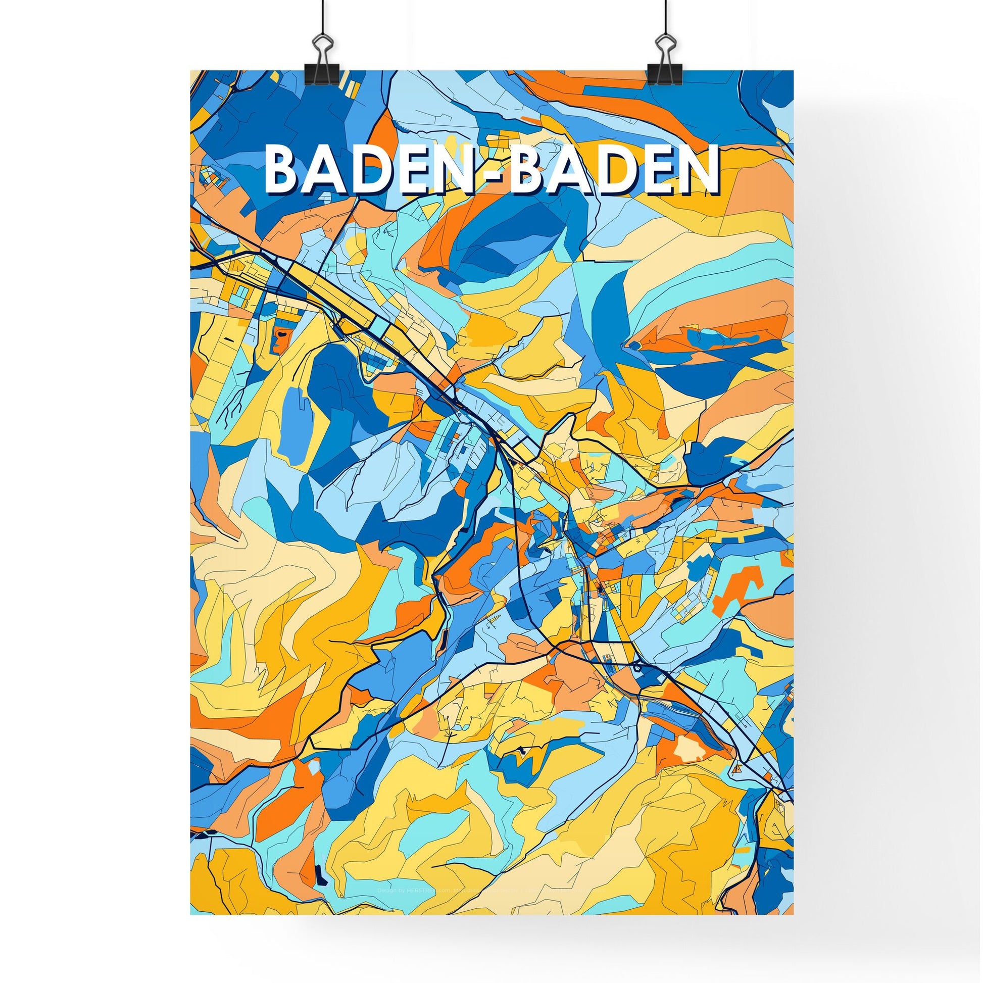 BADEN-BADEN GERMANY Vibrant Colorful Art Map Poster Blue Orange