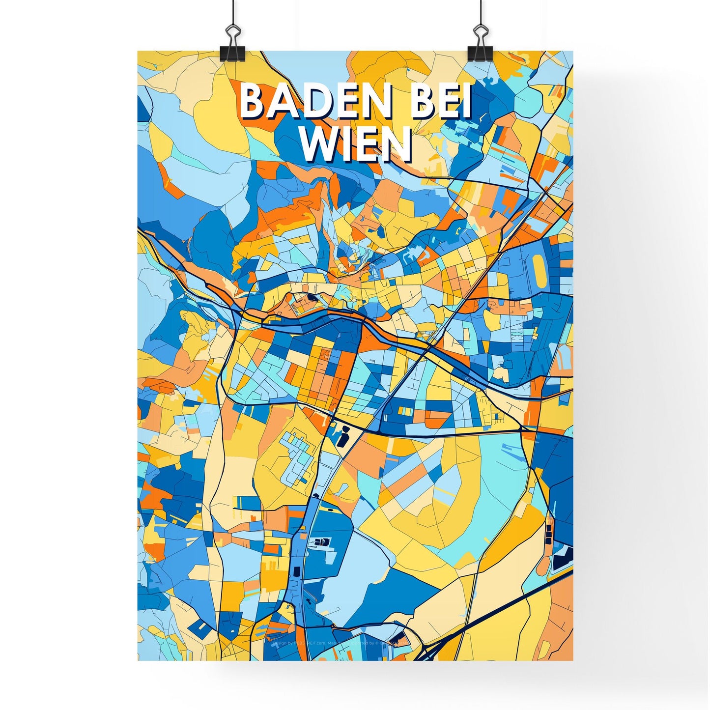 BADEN BEI WIEN AUSTRIA Vibrant Colorful Art Map Poster Blue Orange