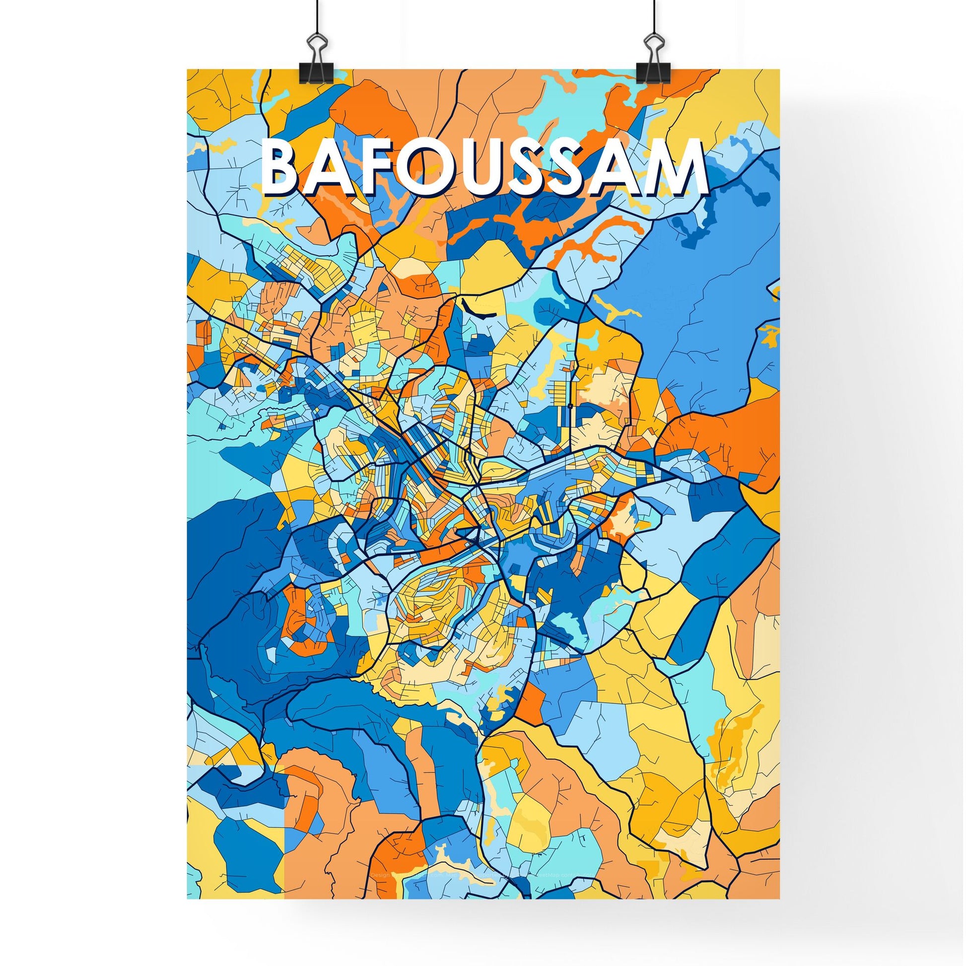 BAFOUSSAM CAMEROON Vibrant Colorful Art Map Poster Blue Orange