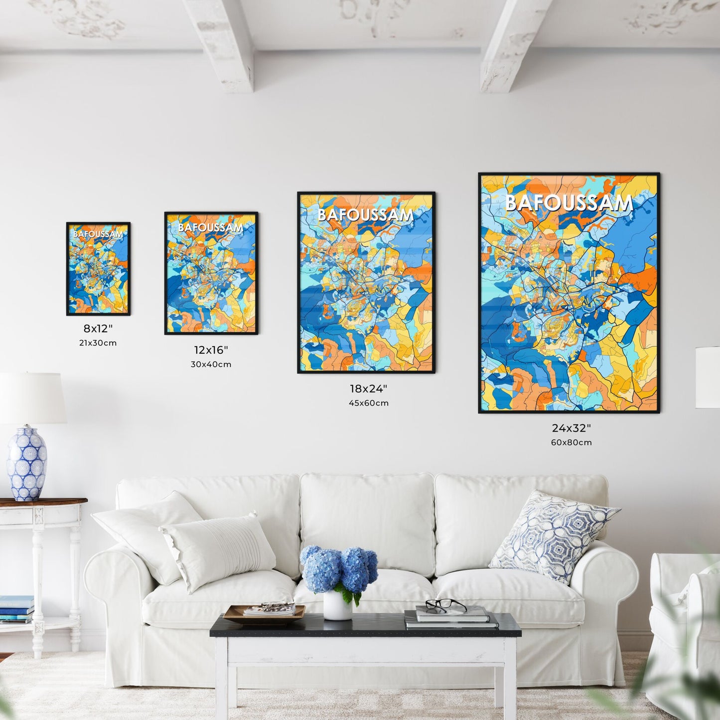 BAFOUSSAM CAMEROON Vibrant Colorful Art Map Poster Blue Orange