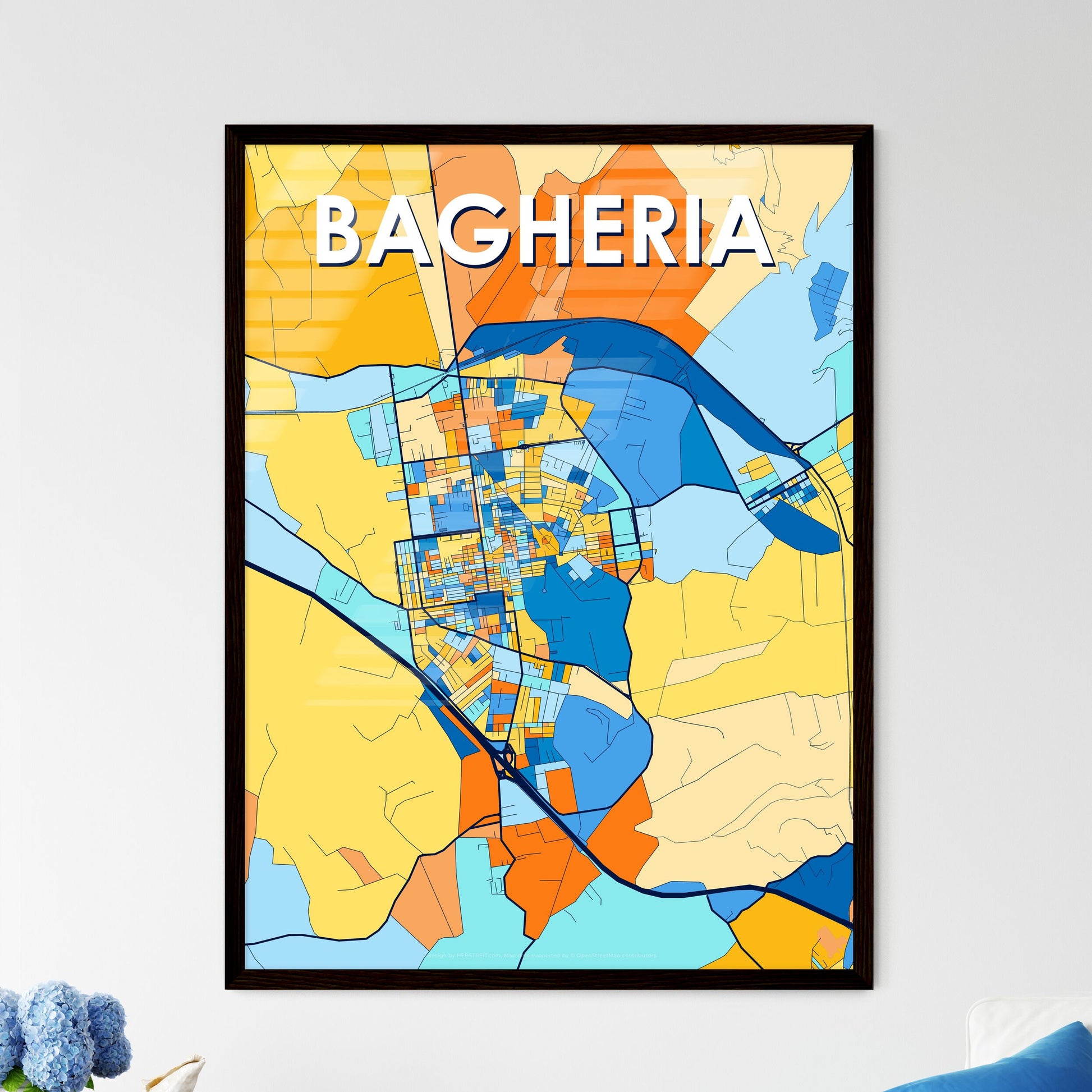 BAGHERIA ITALY Vibrant Colorful Art Map Poster Blue Orange