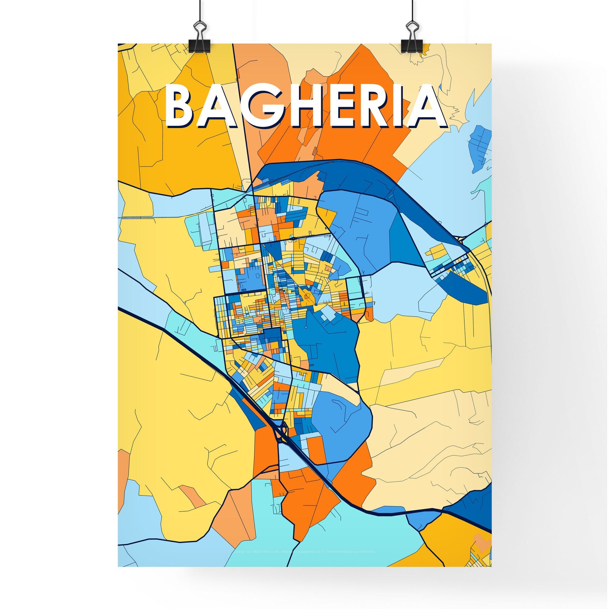 BAGHERIA ITALY Vibrant Colorful Art Map Poster Blue Orange